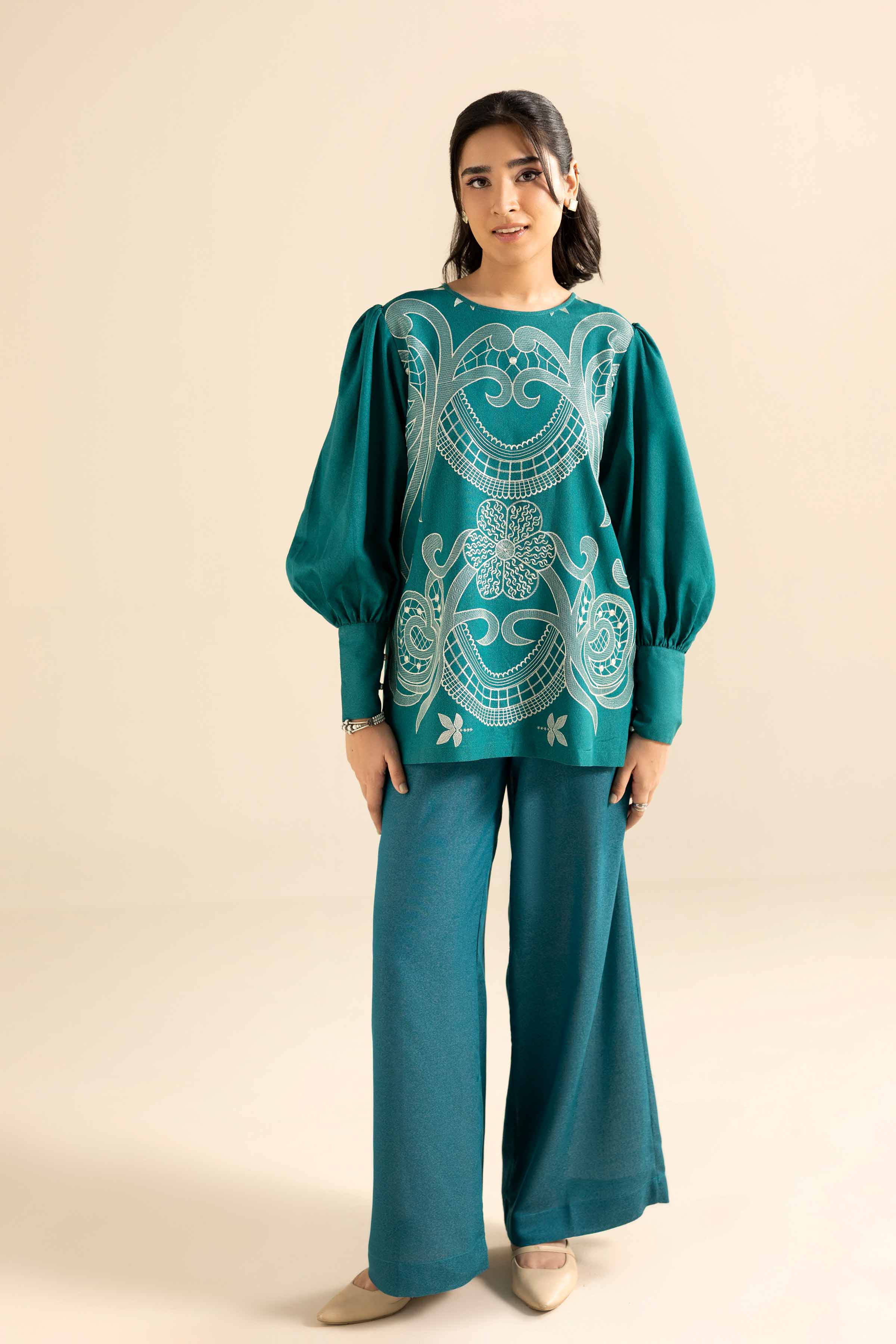 NISHATUAE - Green Embroidered Karandi 2-piece Ready to wear Dress