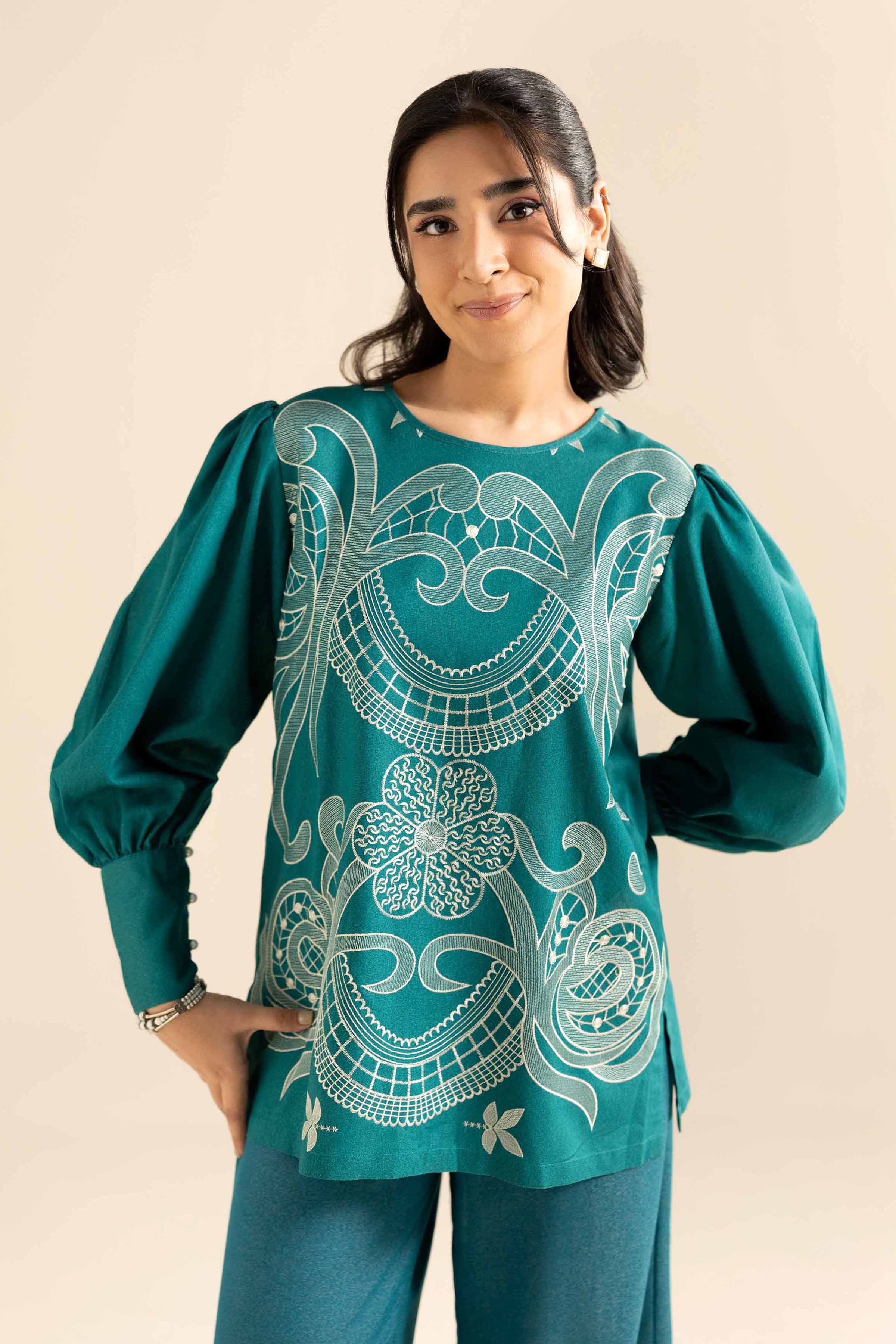 NISHATUAE - Green Embroidered Karandi 2-piece Ready to wear Dress