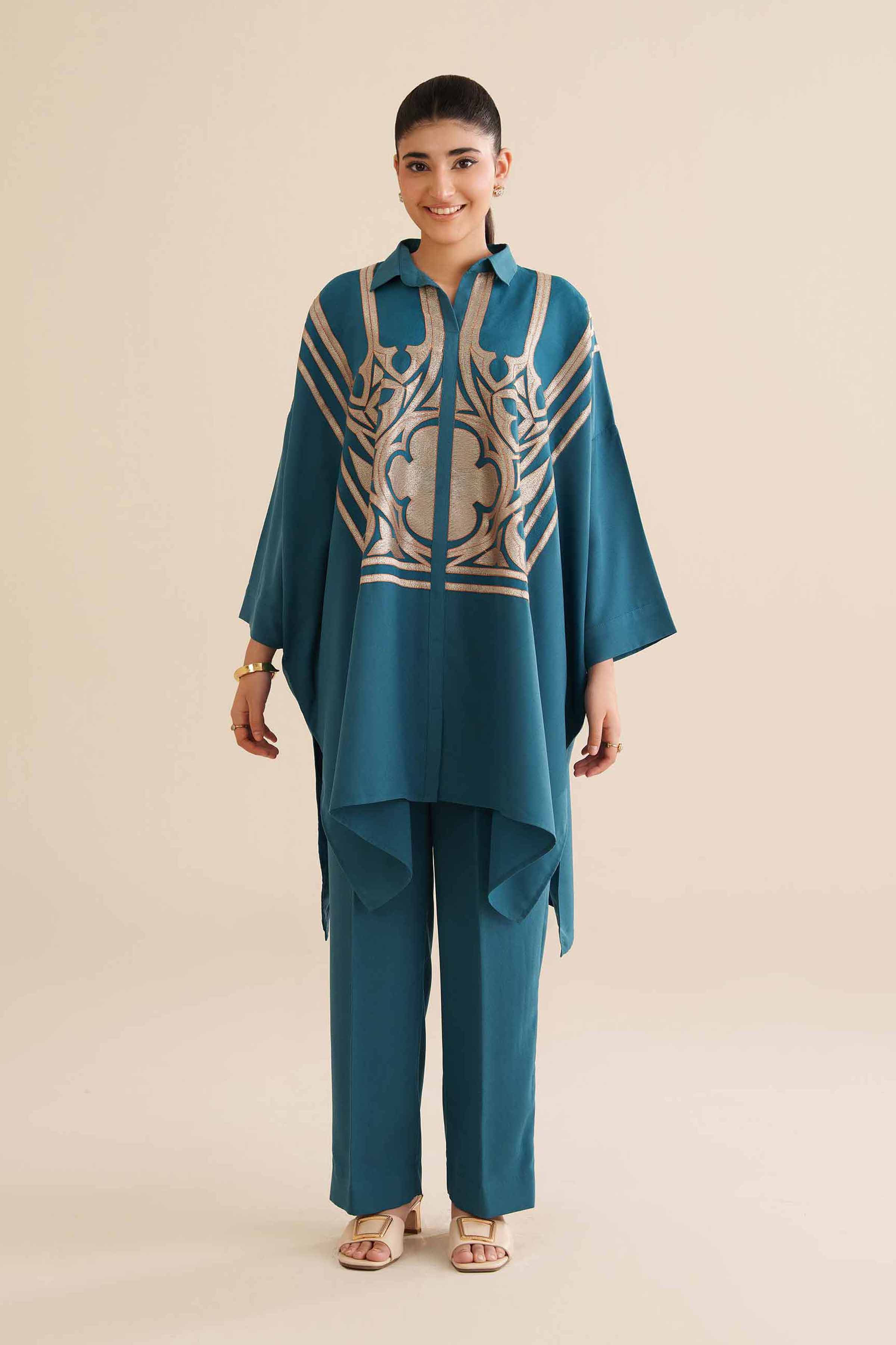 NISHATUAE - Teal Embroidered Grip 2-piece Ready to wear Dress