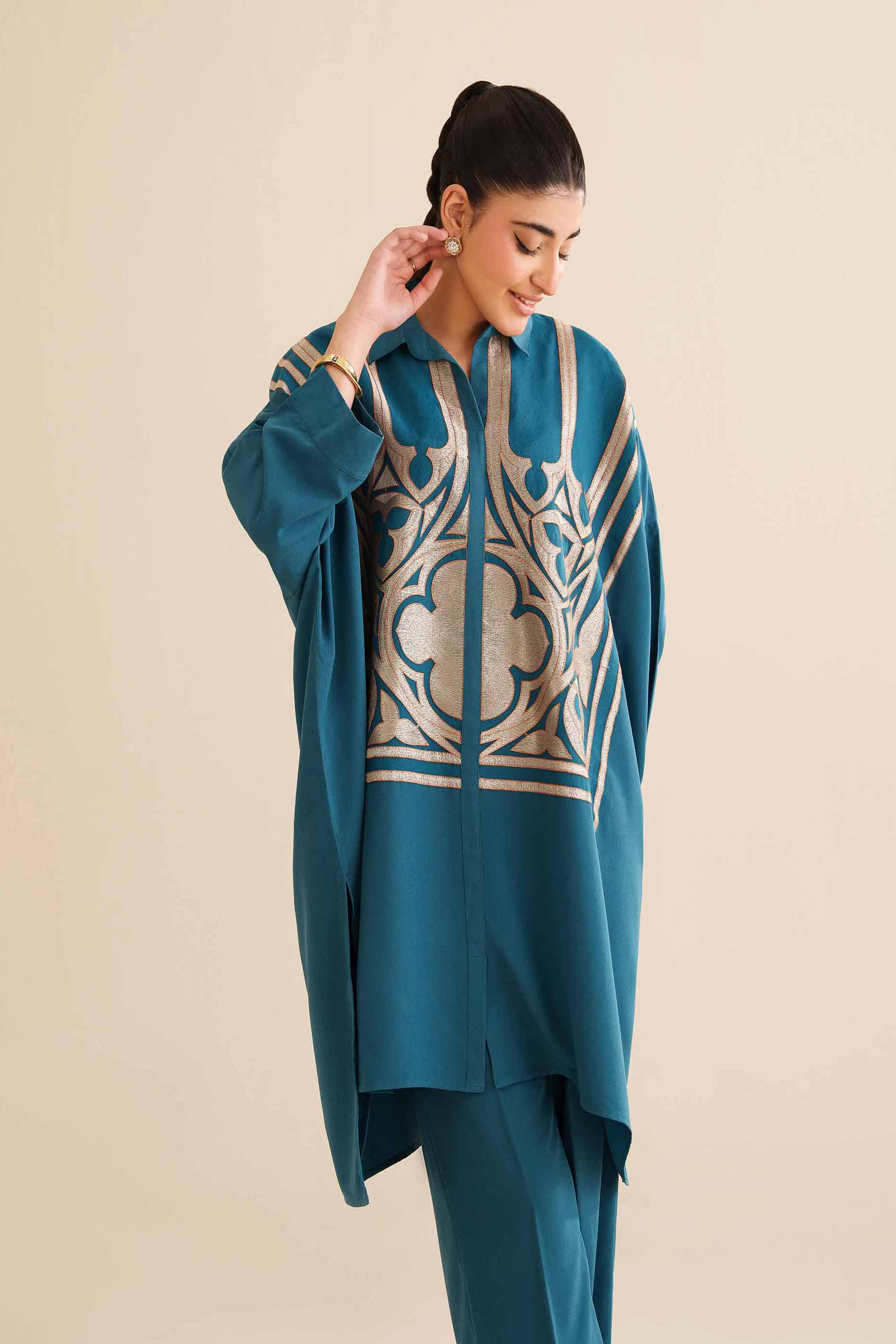 NISHATUAE - Teal Embroidered Grip 2-piece Ready to wear Dress