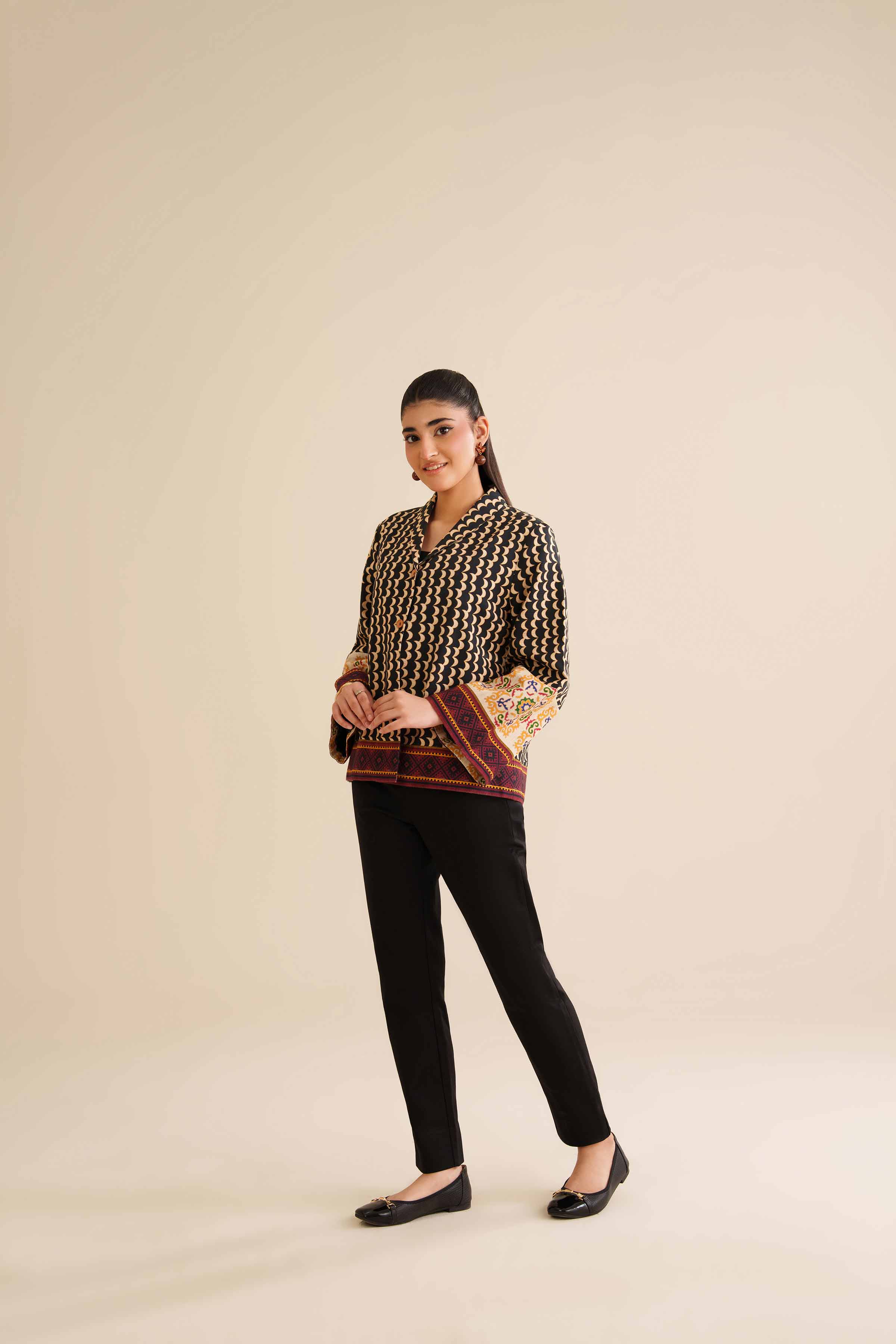NISHATUAE - Black Printed Khaddar Ready to wear Jacket