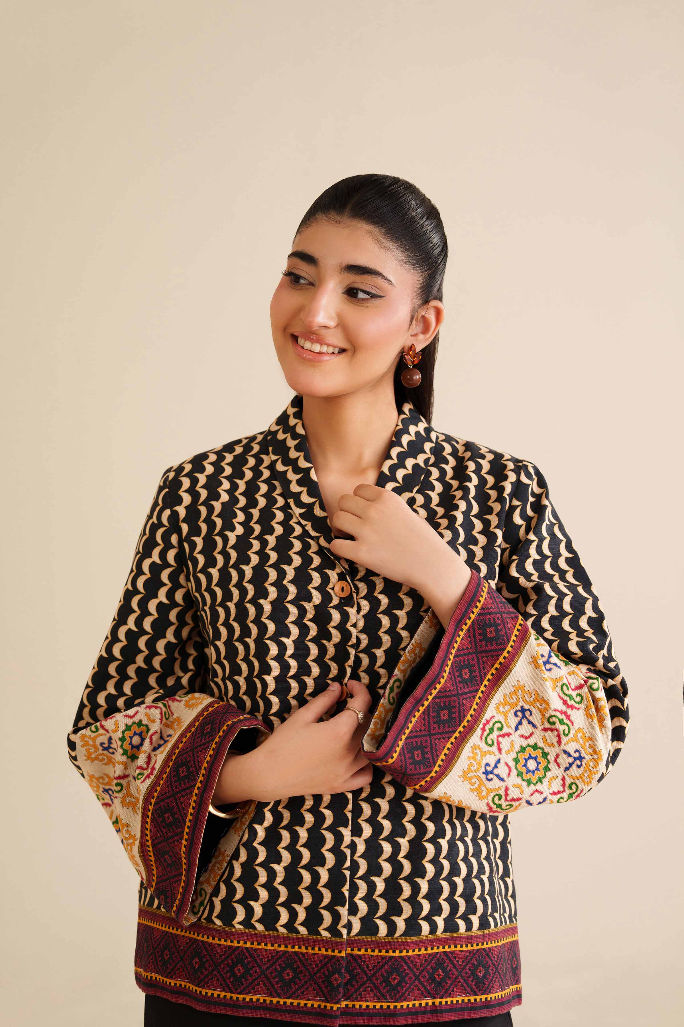 NISHATUAE - Black Printed Khaddar Ready to wear Jacket