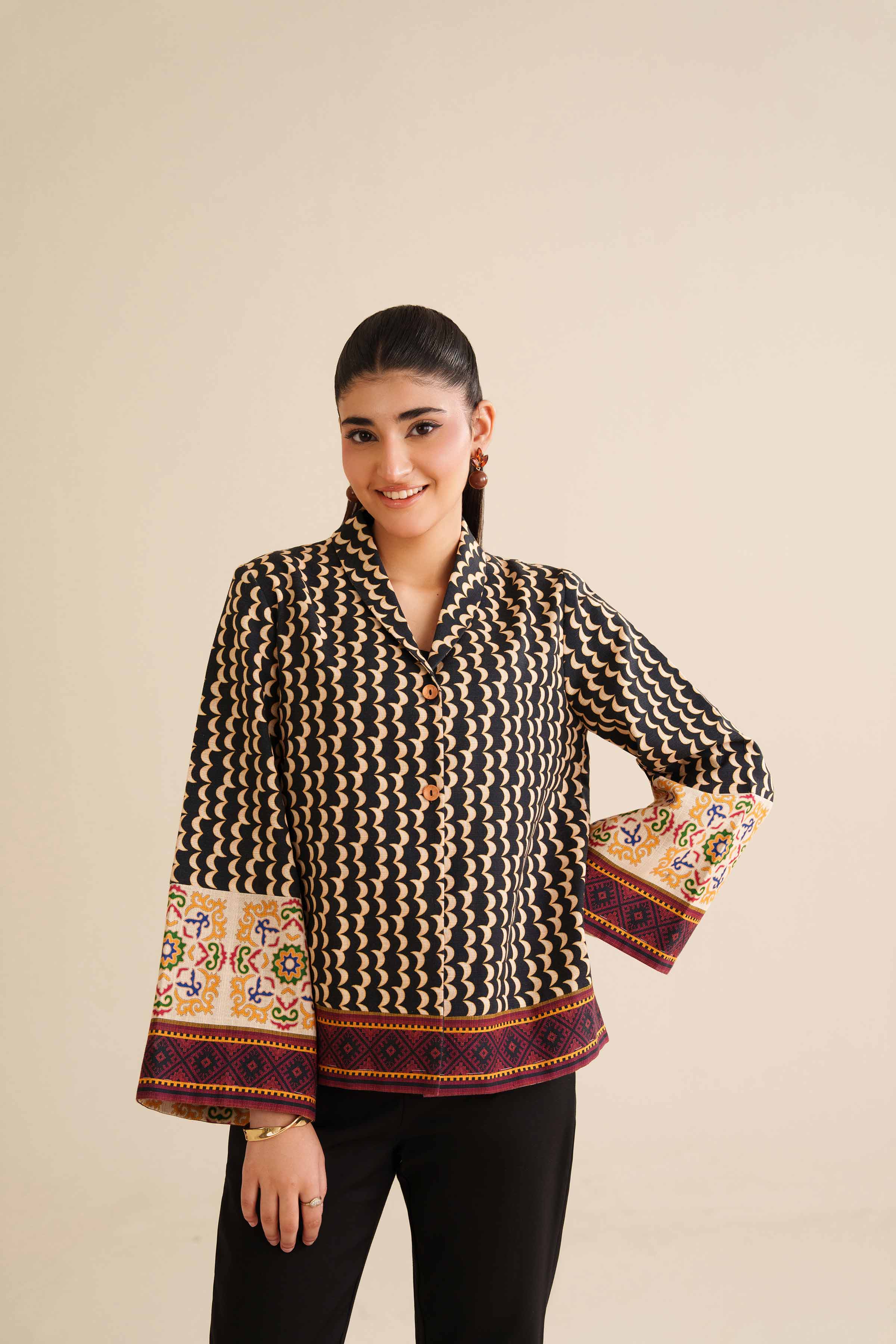 NISHATUAE - Black Printed Khaddar Ready to wear Jacket
