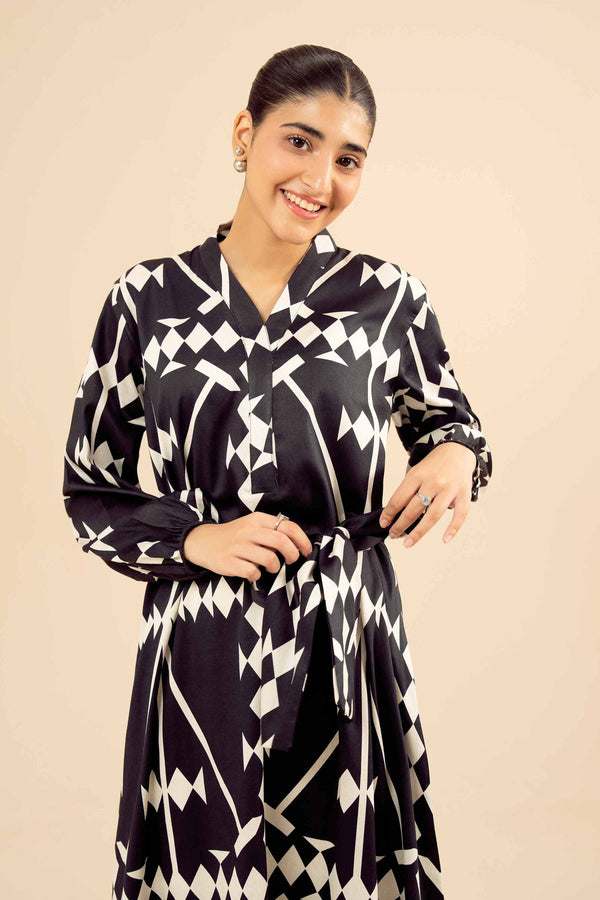 NISHATUAE - Black Printed Satin Ready to wear Dress