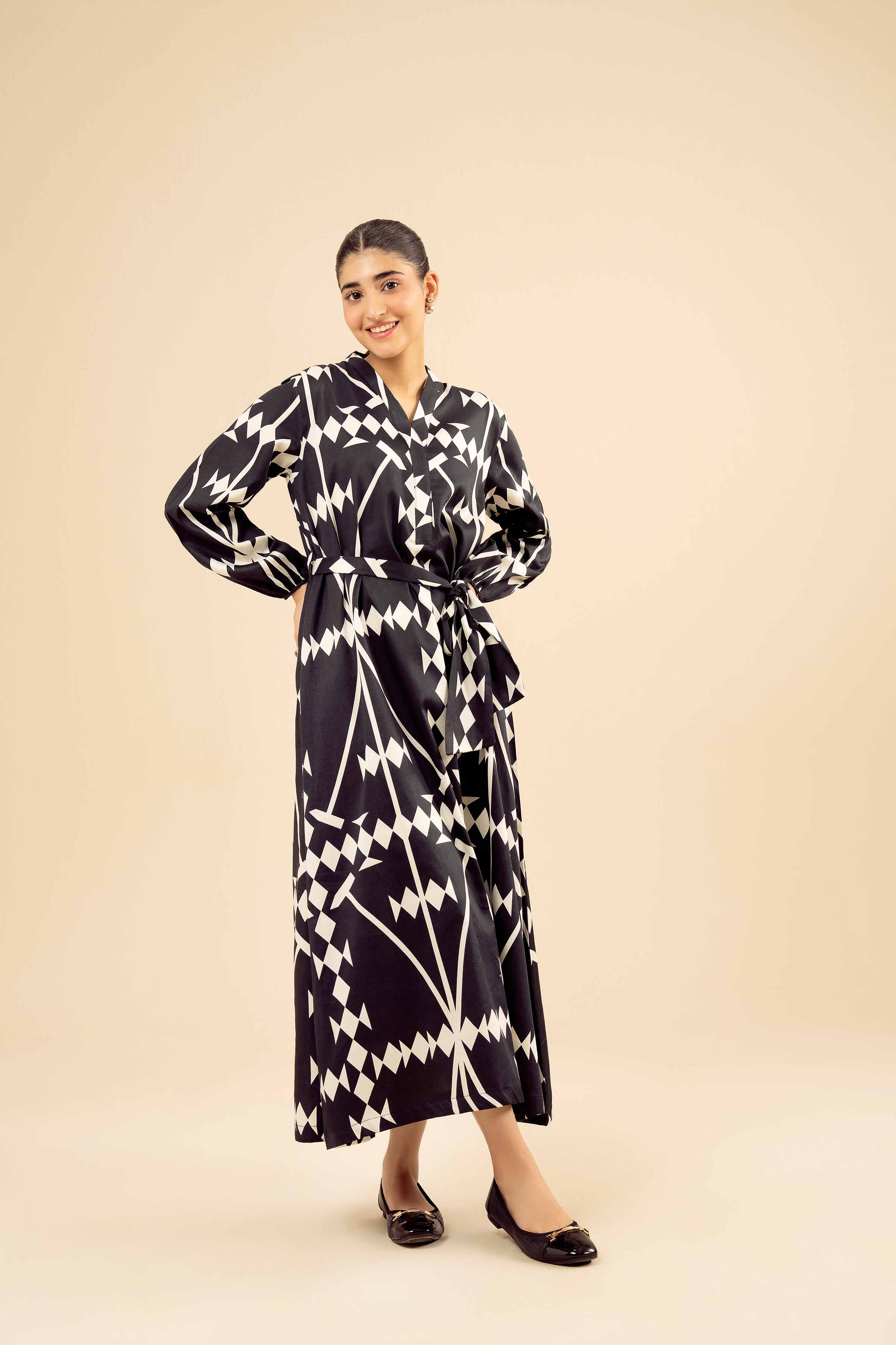 NISHATUAE - Black Printed Satin Ready to wear Dress