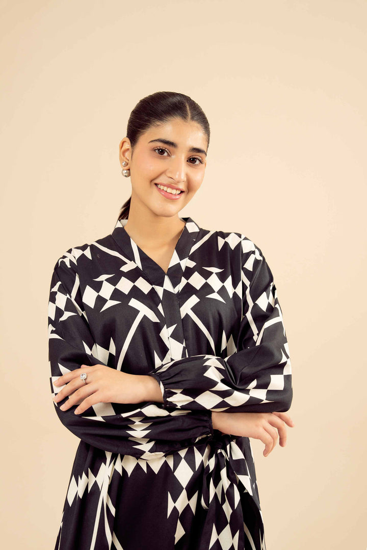 NISHATUAE - Black Printed Satin Ready to wear Dress