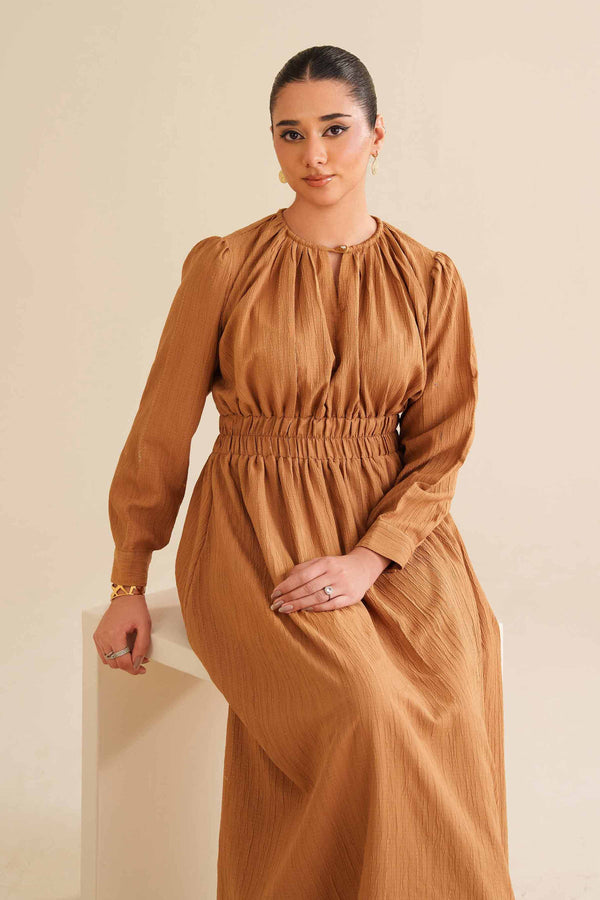 NISHATUAE - Yellow Solids Stripe Crinkle Ready to wear Dress