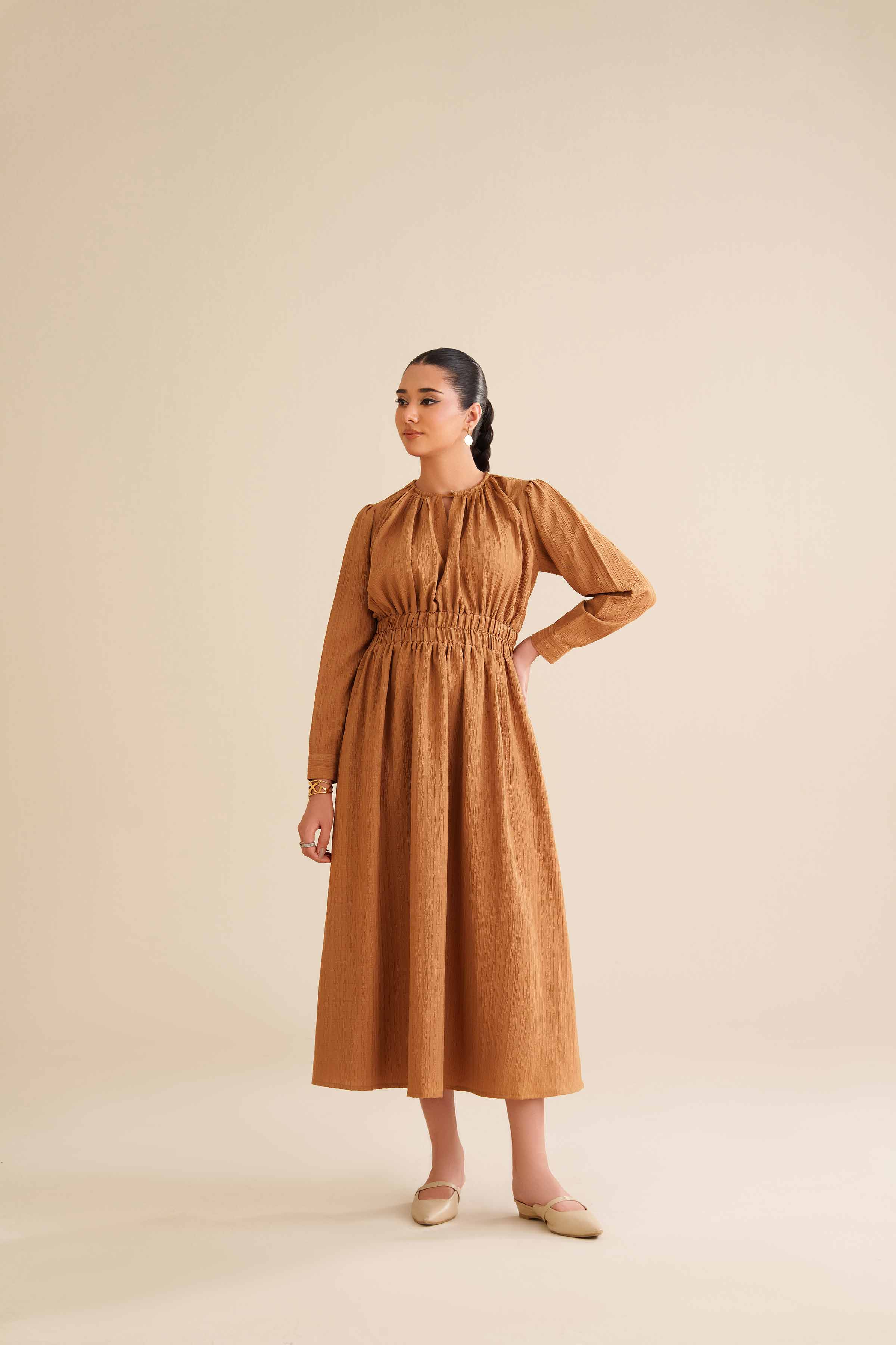 NISHATUAE - Yellow Solids Stripe Crinkle Ready to wear Dress