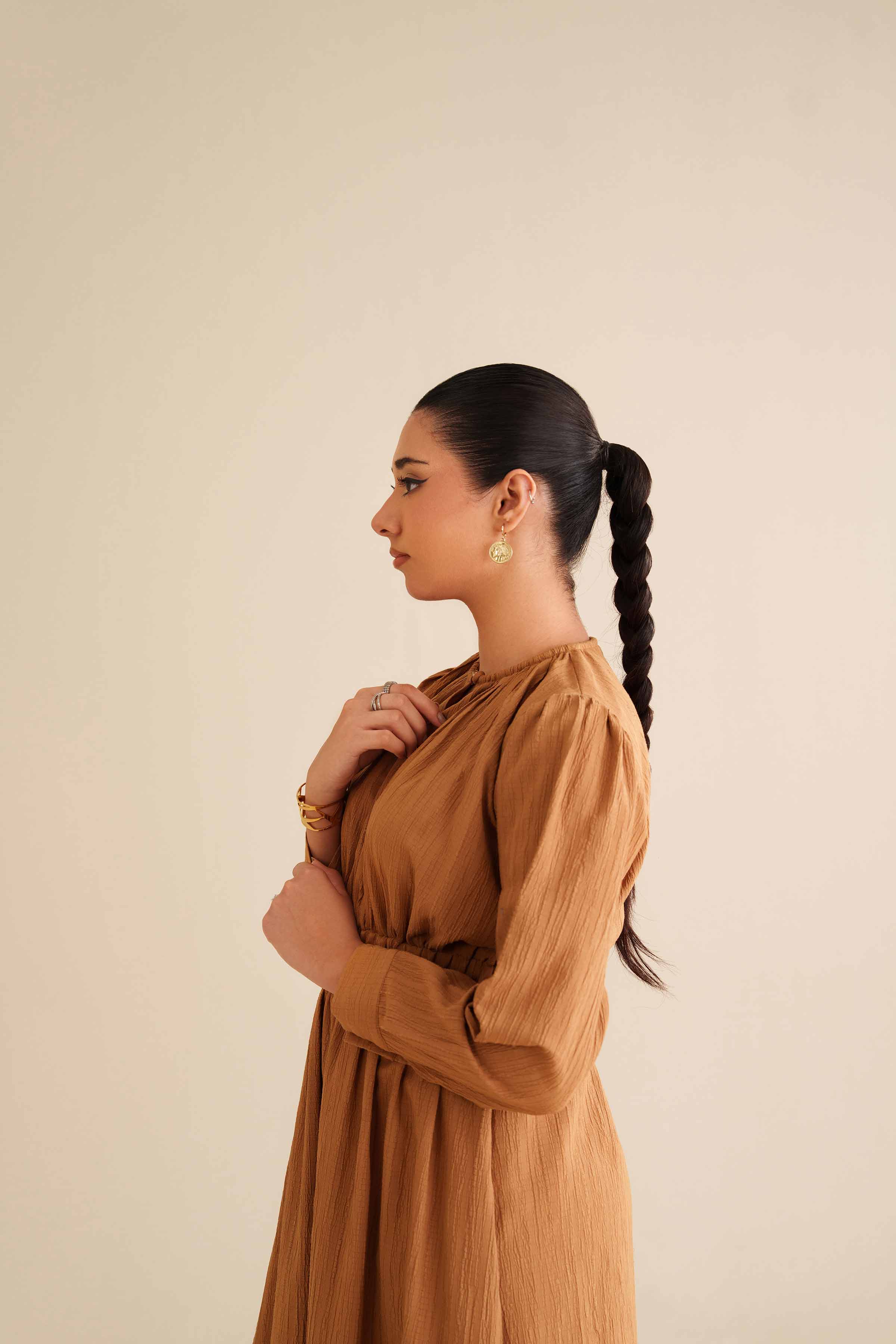 NISHATUAE - Yellow Solids Stripe Crinkle Ready to wear Dress