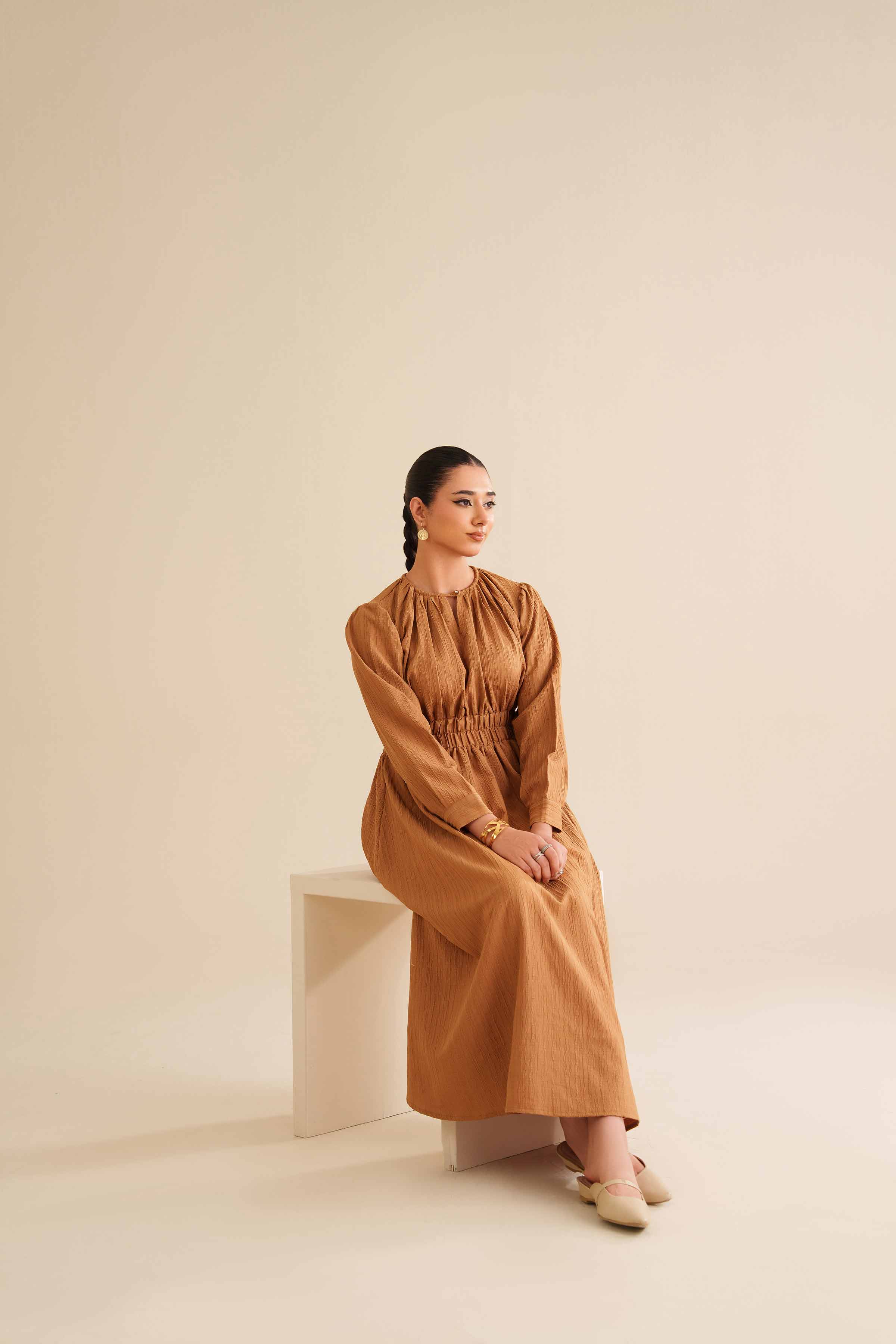 NISHATUAE - Yellow Solids Stripe Crinkle Ready to wear Dress