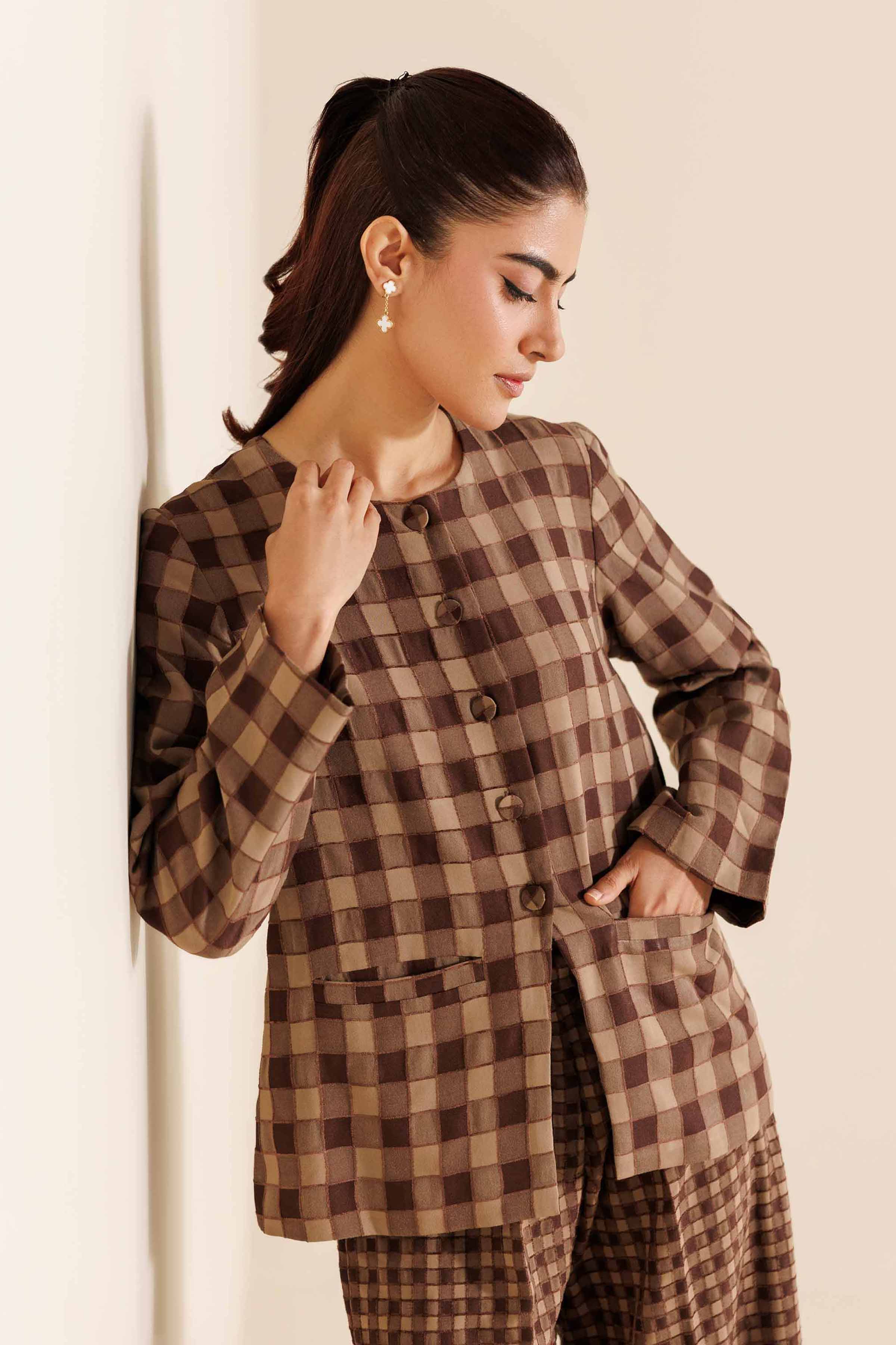 NishatUAE - Brown Printed Velvet 2-piece Ready To Wear Dress