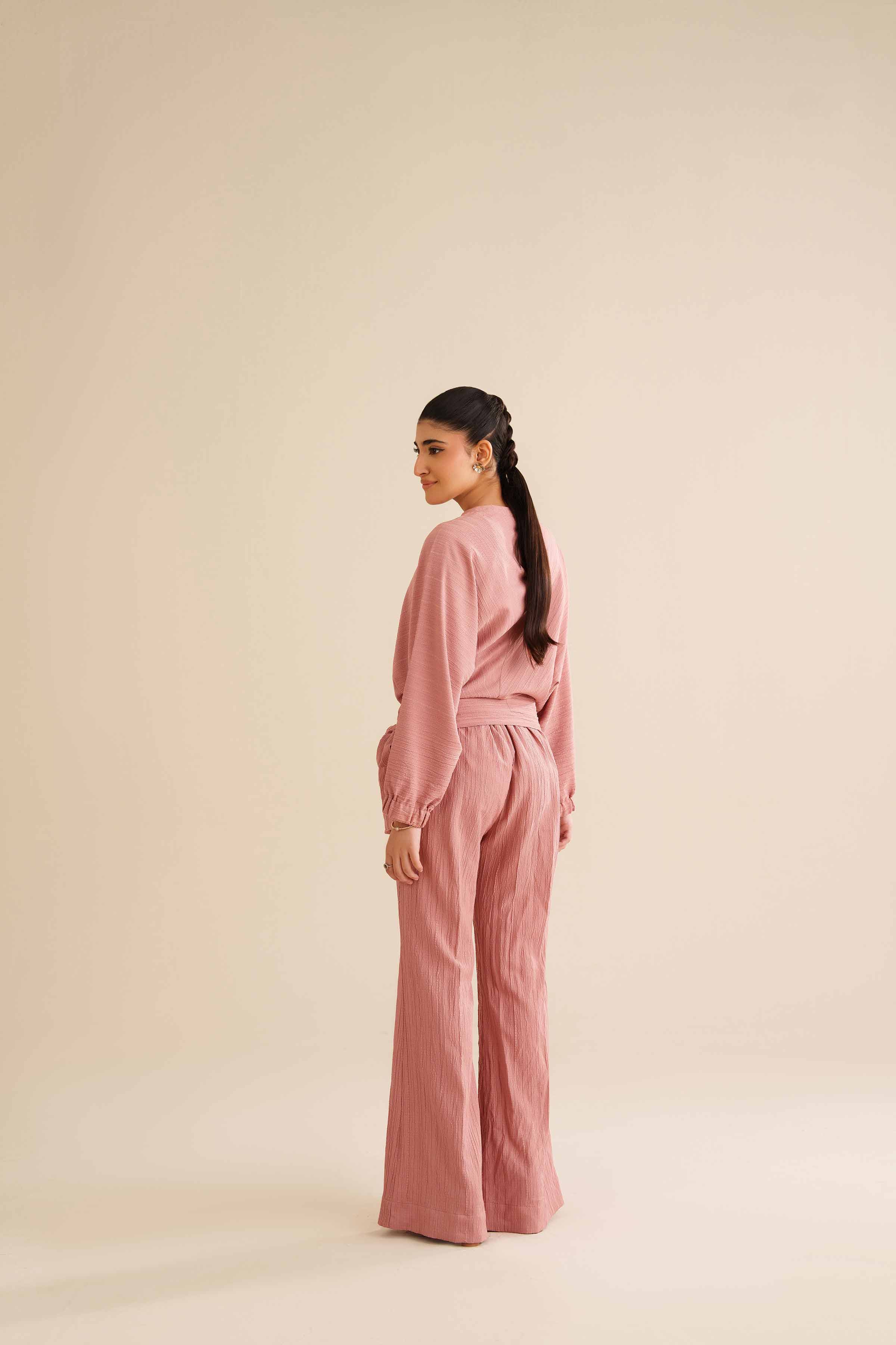 NISHATUAE - Pink Solids Stripe Crinkle 2-piece Ready to wear Dress