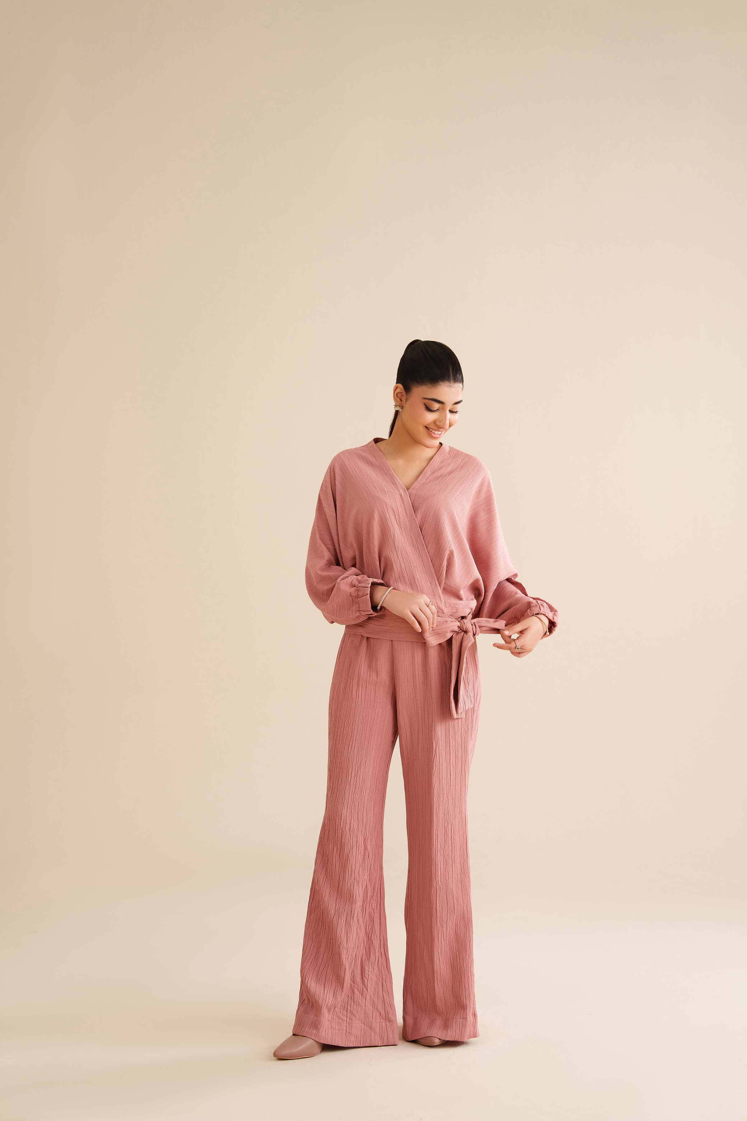 NISHATUAE - Pink Solids Stripe Crinkle 2-piece Ready to wear Dress