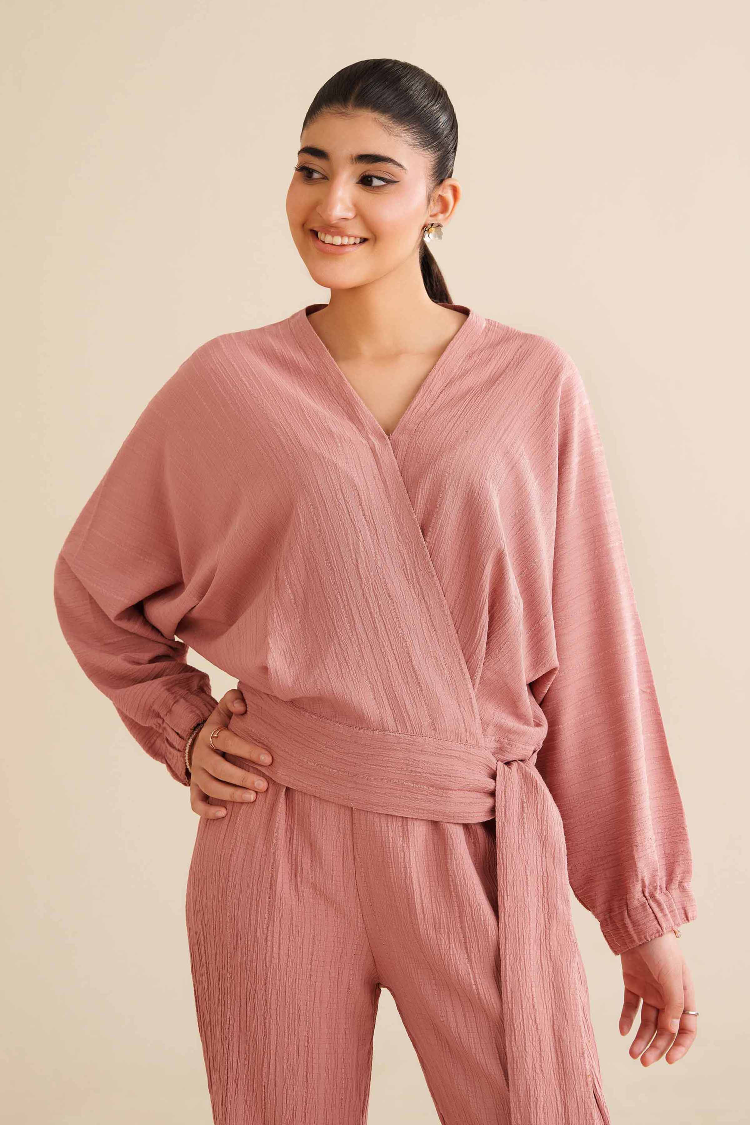 NISHATUAE - Pink Solids Stripe Crinkle 2-piece Ready to wear Dress