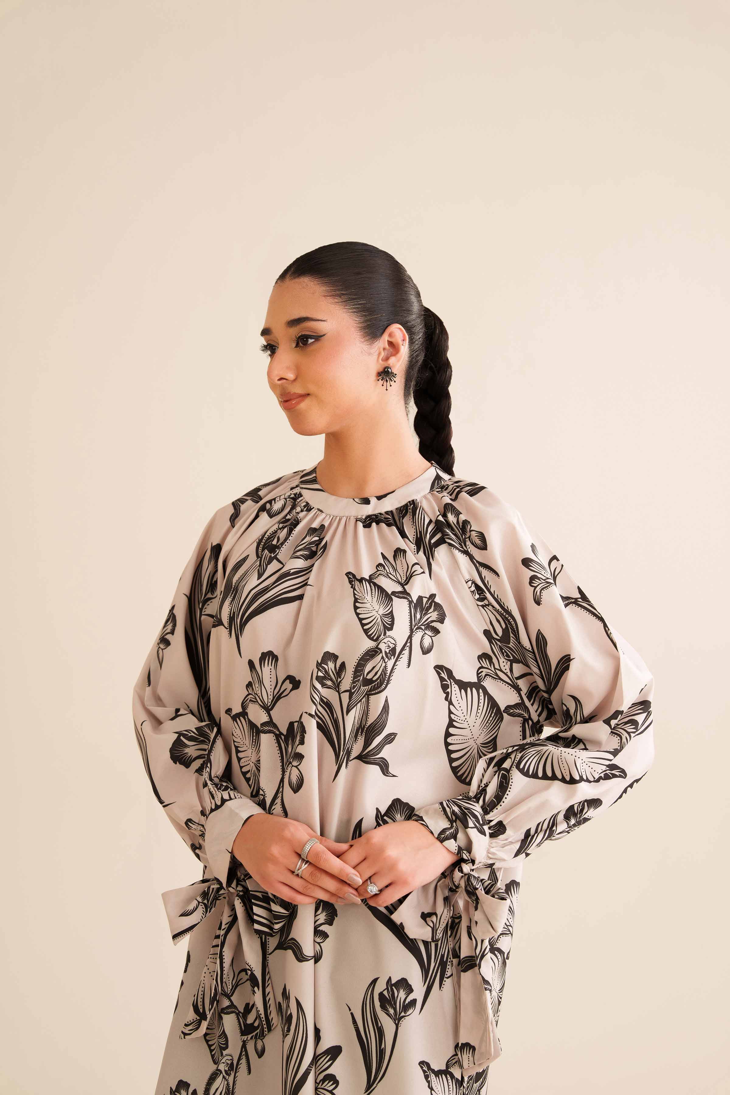 NISHATUAE - Beige Printed Silk Ready to wear Tunic