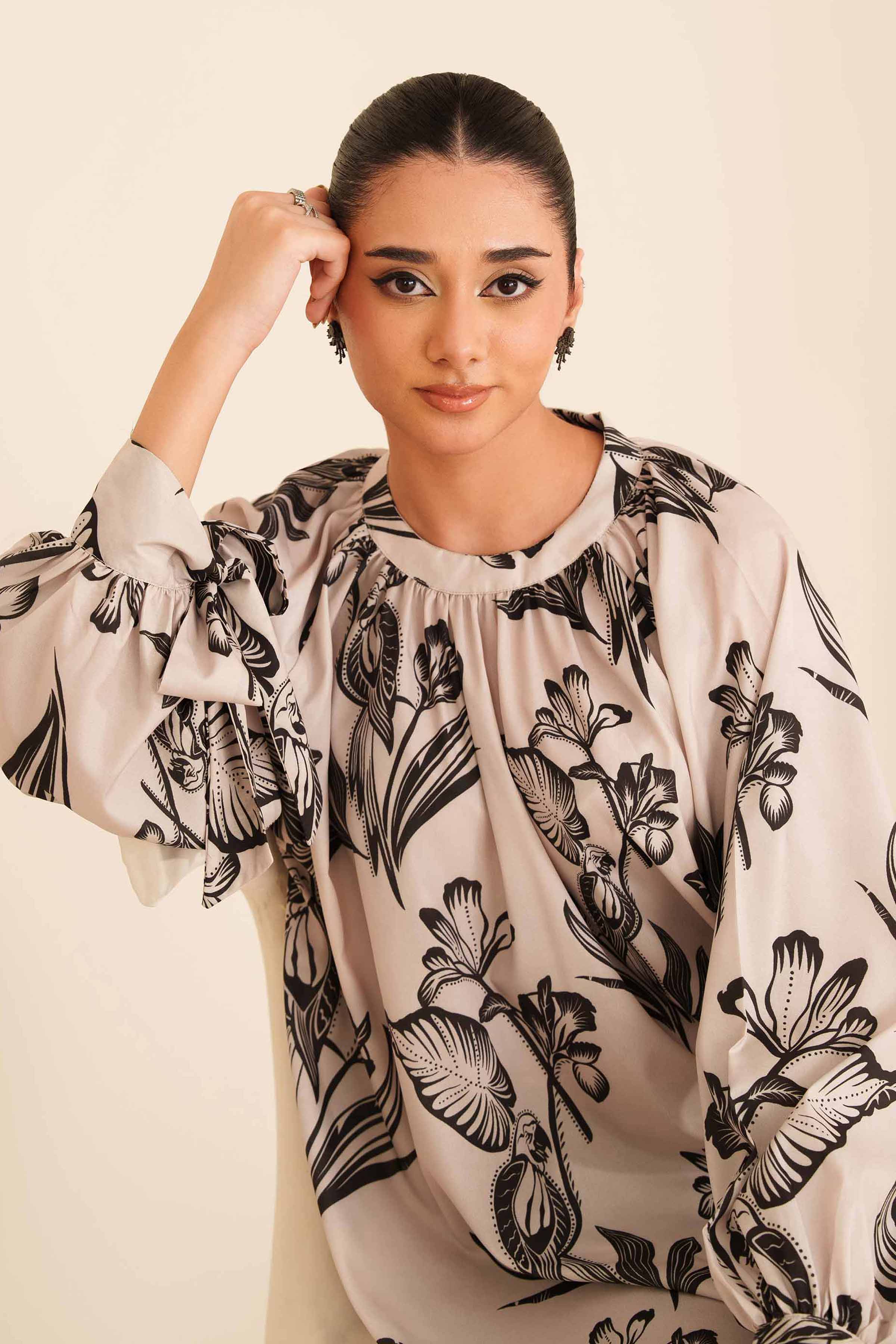 NISHATUAE - Beige Printed Silk Ready to wear Tunic