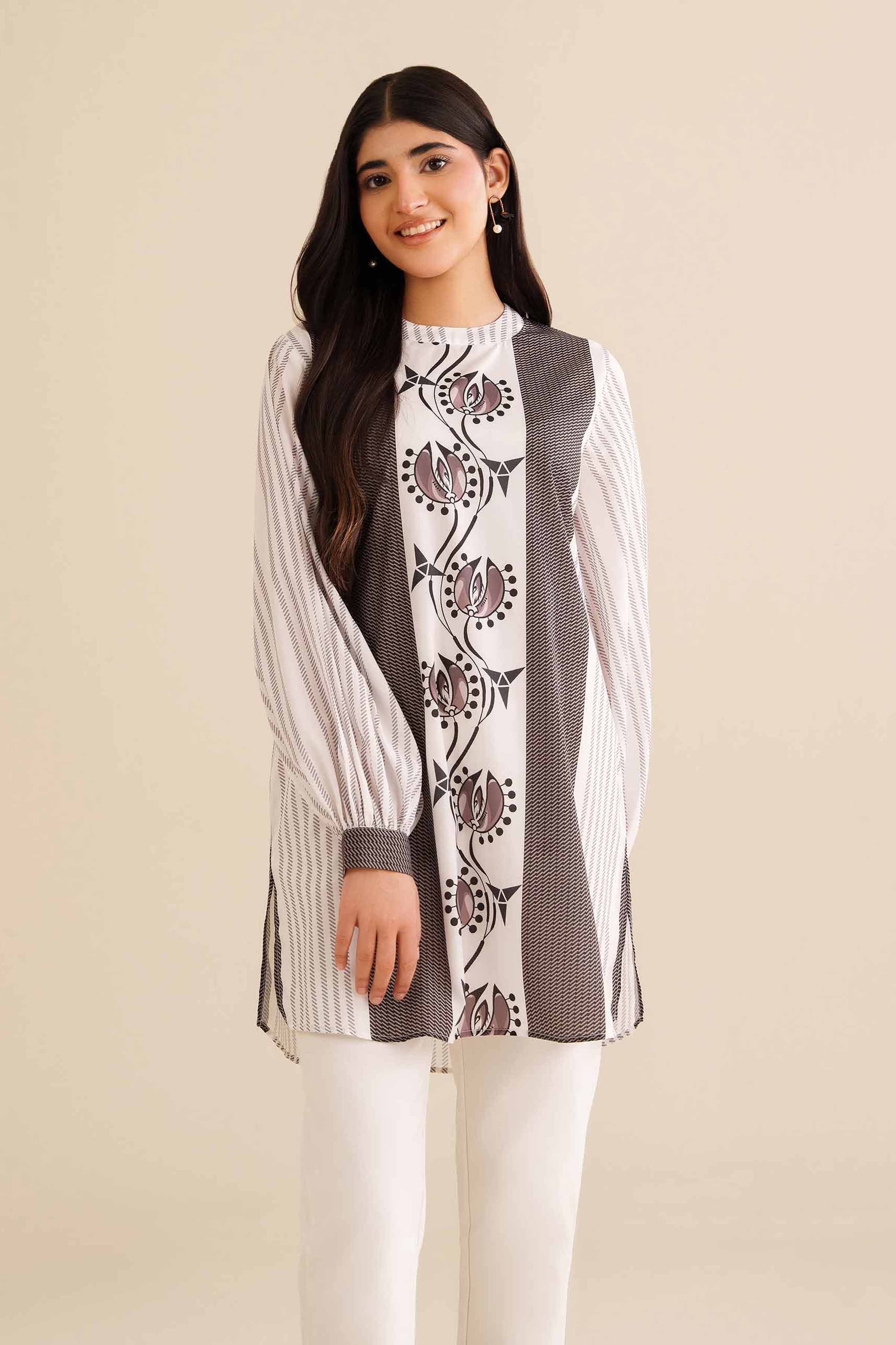 NISHATUAE - White Printed Silk Ready to wear Tunic