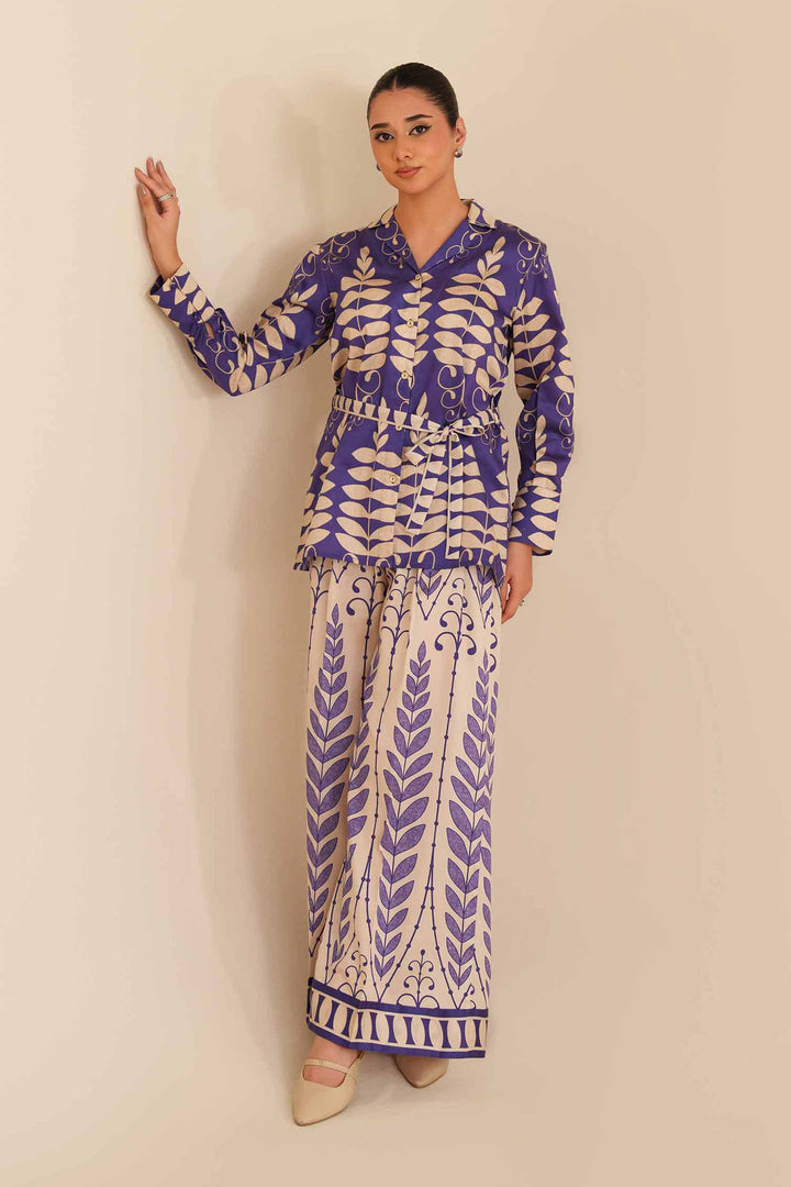 NISHATUAE - Blue Printed Satin 2-piece Ready to wear Dress