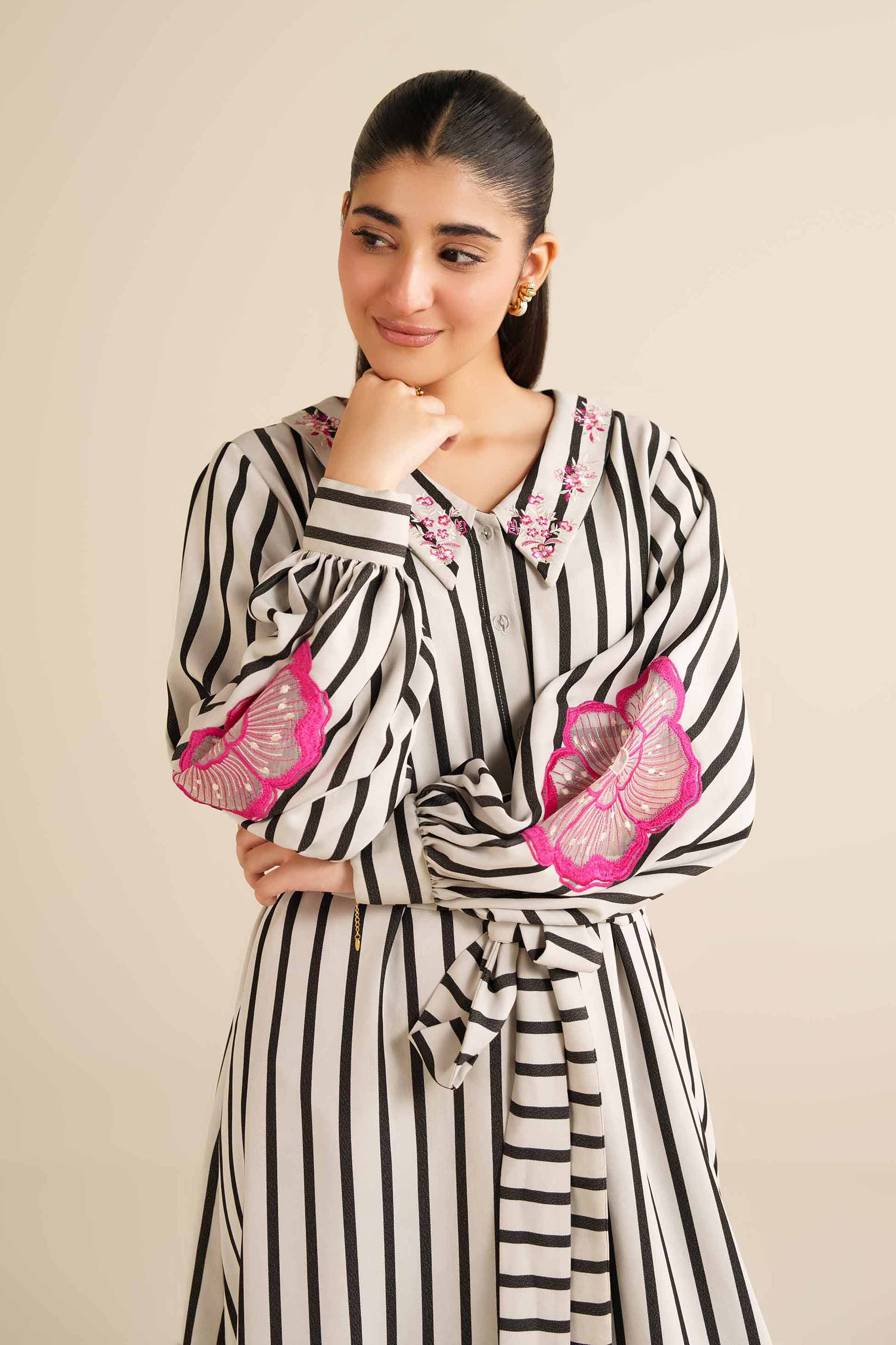 NishatUAE - White Printed Crepe Ready To Wear Dress