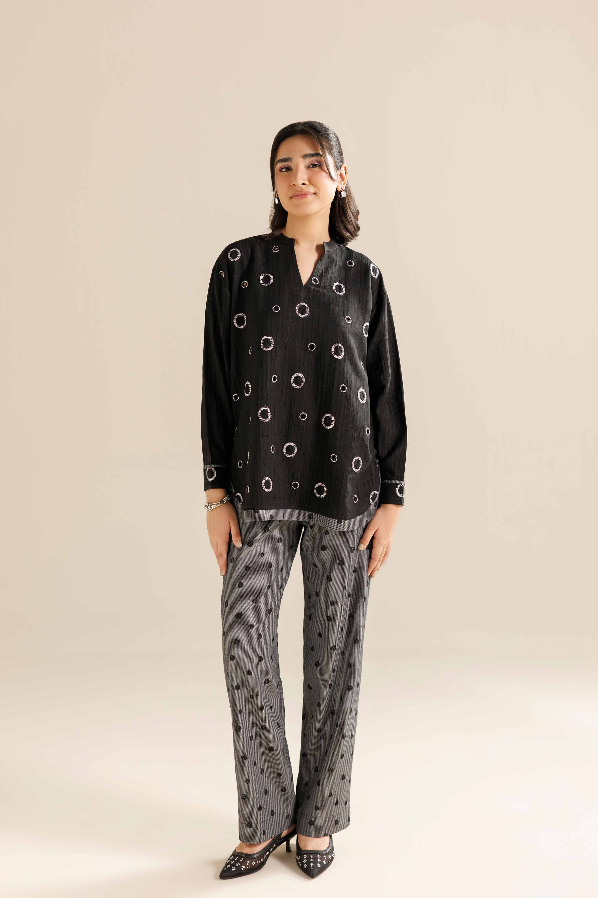 NISHATUAE - Black Printed Stripe Crinkle 2-piece Ready to wear Dress