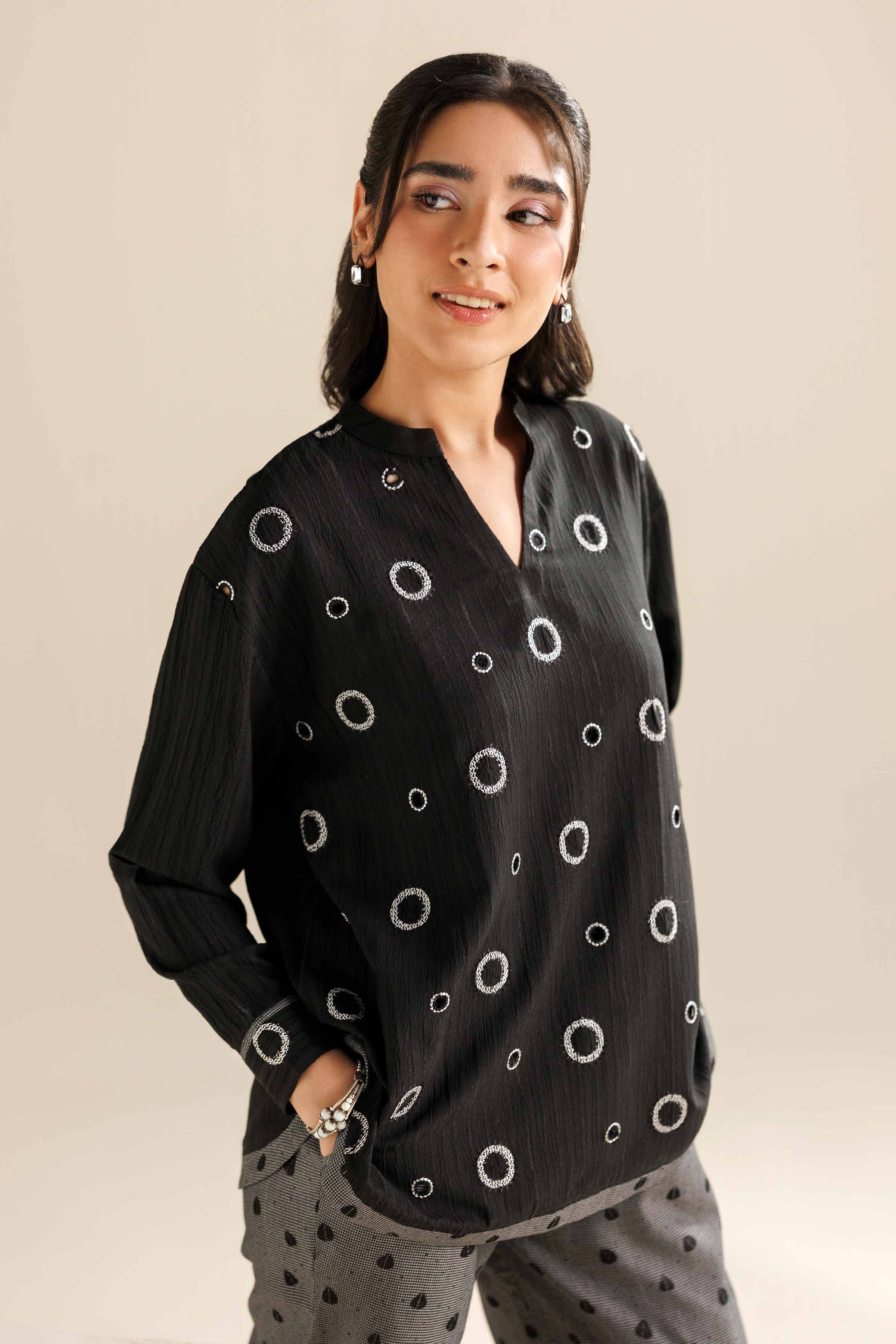 NISHATUAE - Black Printed Stripe Crinkle 2-piece Ready to wear Dress