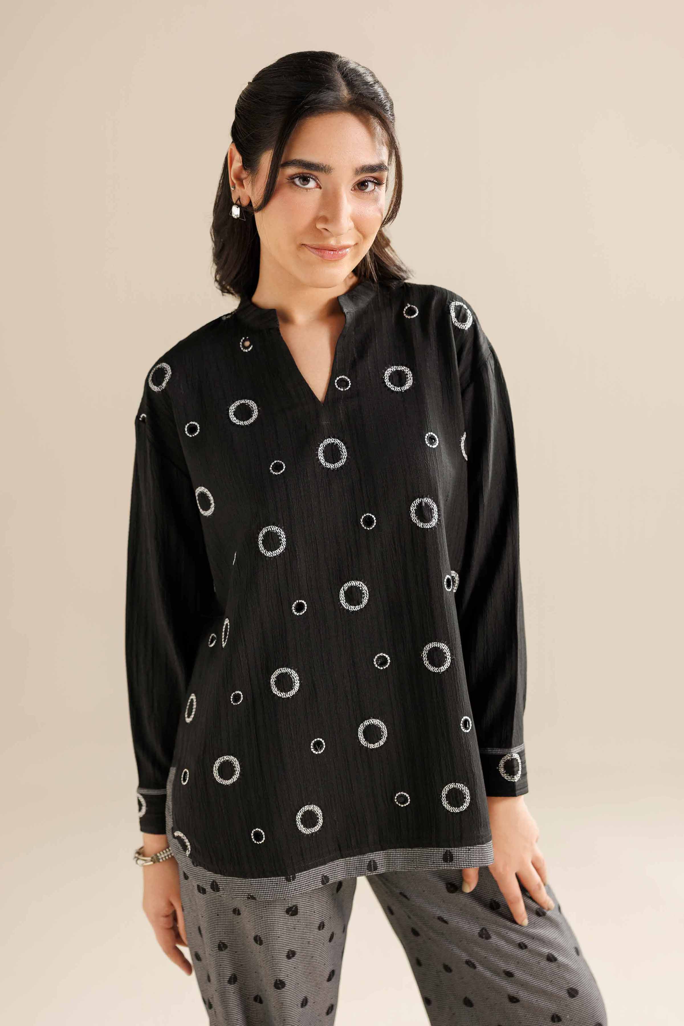 NISHATUAE - Black Printed Stripe Crinkle 2-piece Ready to wear Dress