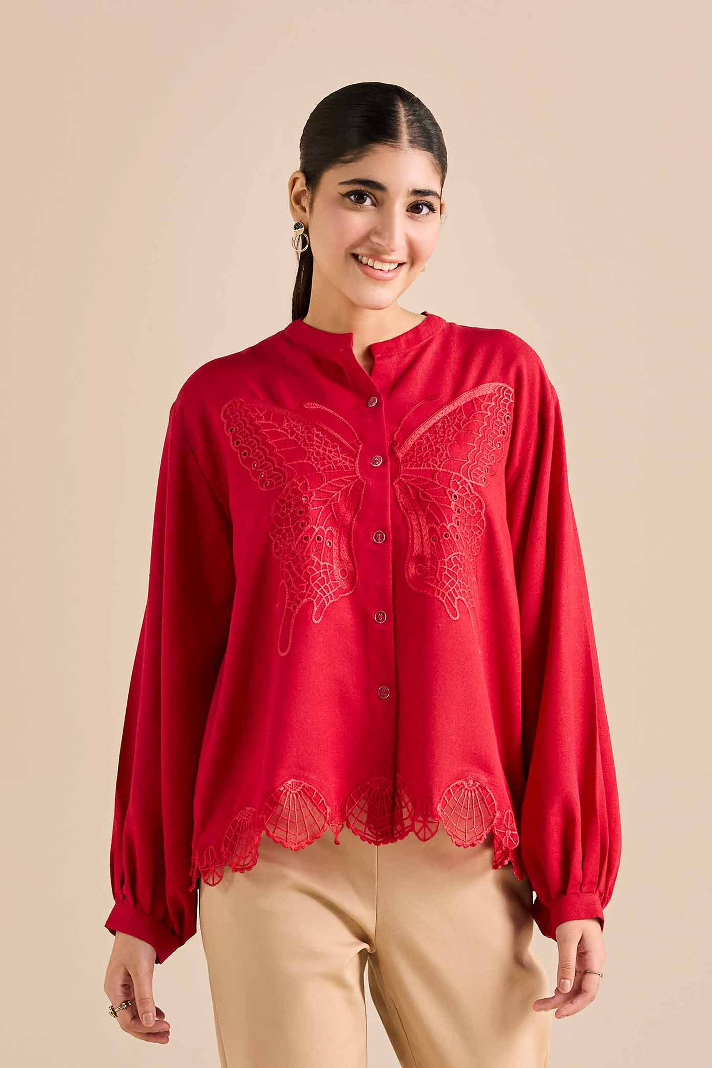 NishatUAE -  Red Embroidered Karandi Ready to wear Tunic