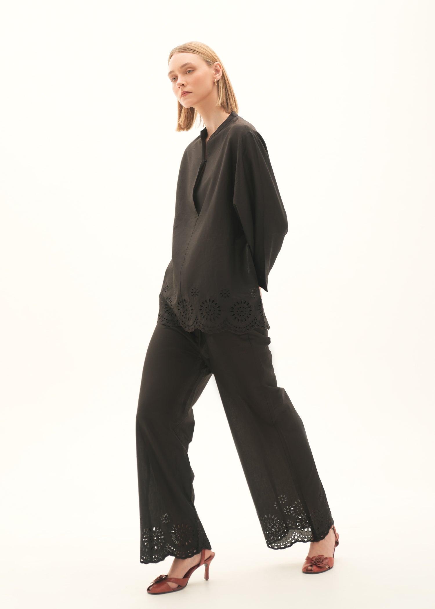 Wide-leg Cotton Trouser with Schiffli Embroidery - KOA