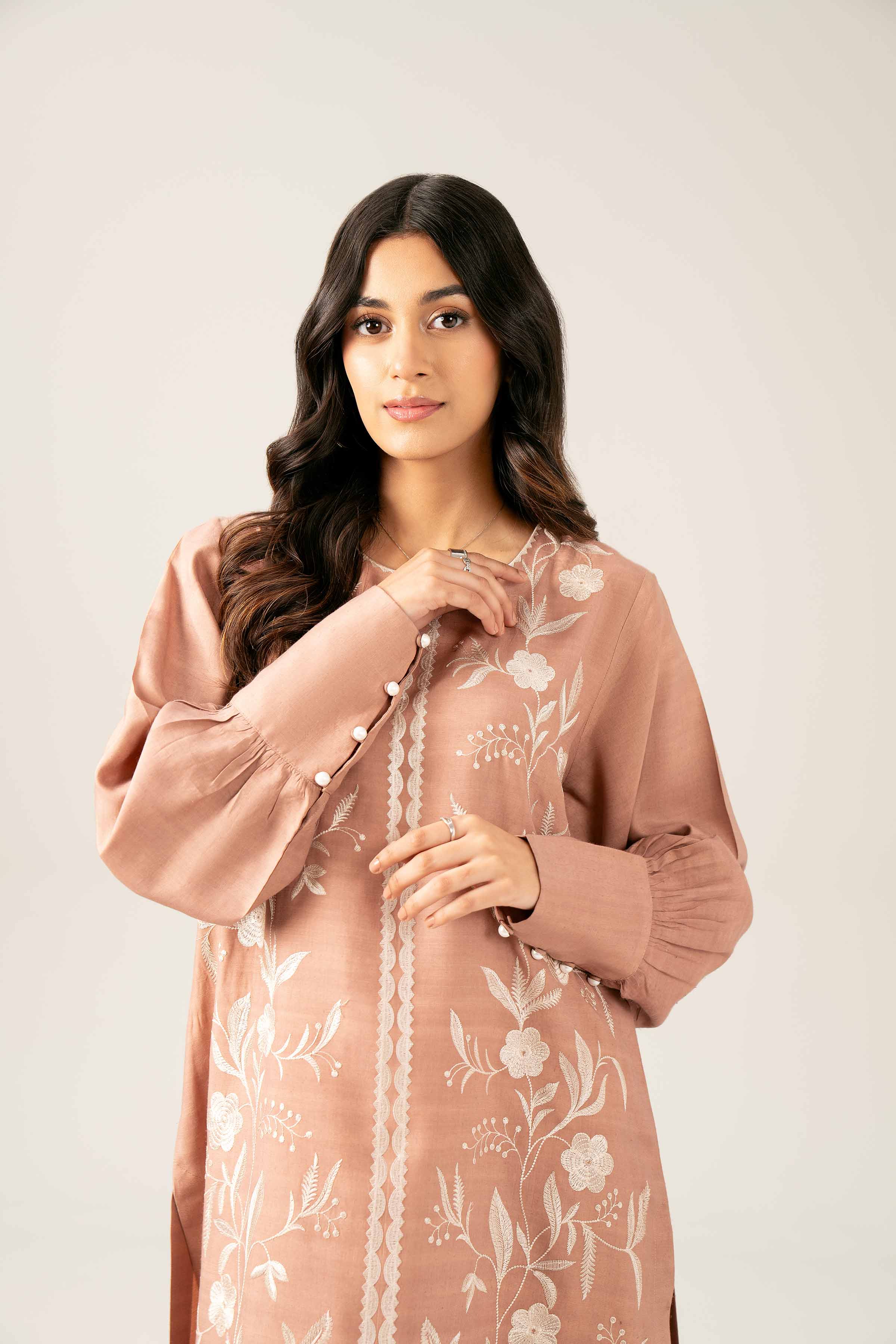 NISHATUAE - Brown Embroidered Silk Ready to wear Shirt