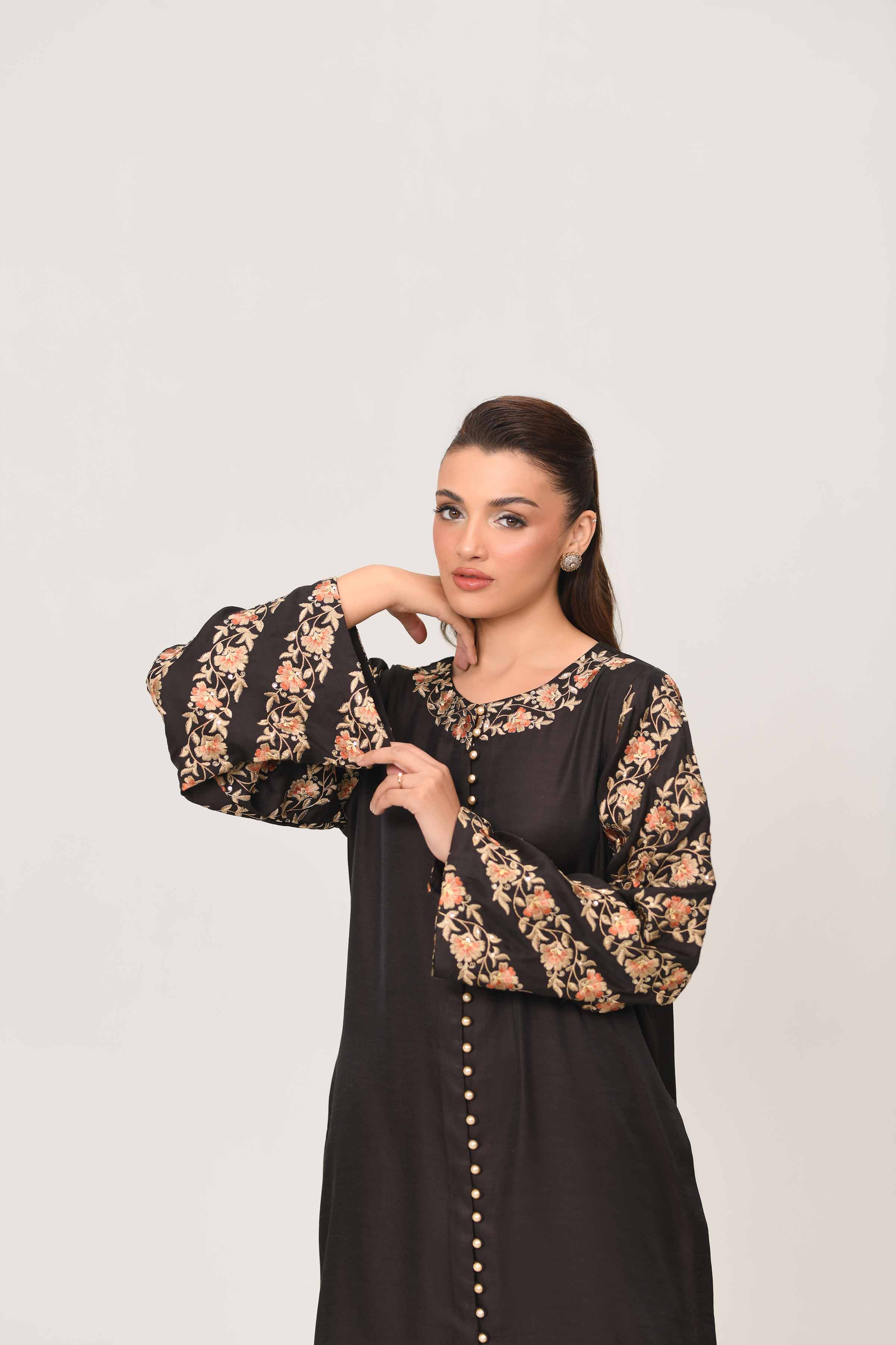 NISHATUAE - Brown Embroidered Polyester Ready to wear Jalabiya