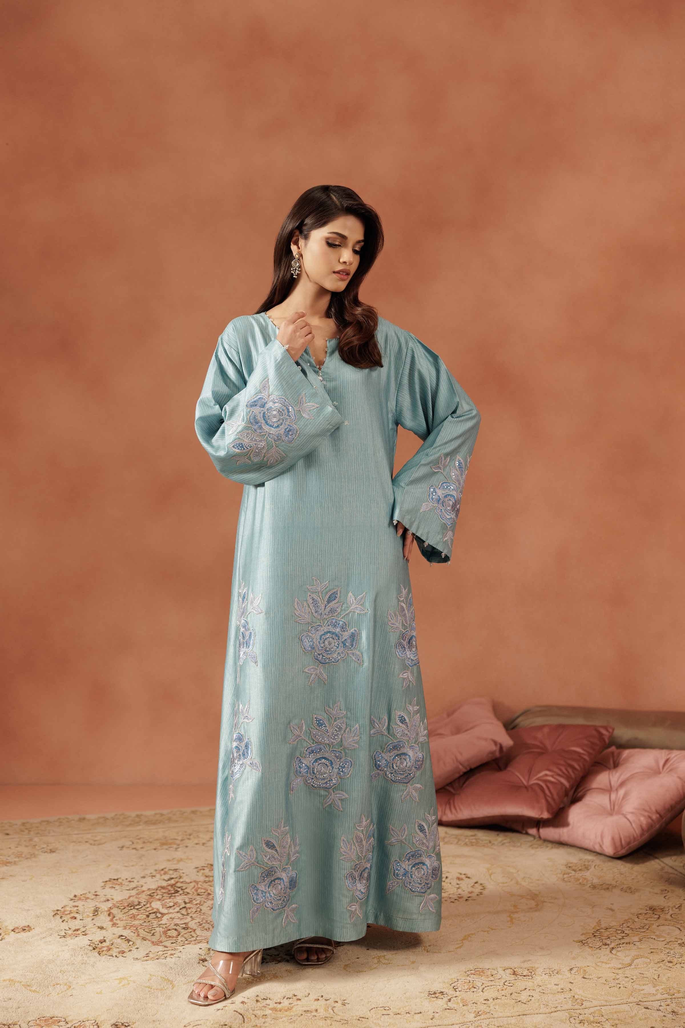 NISHATUAE - Blue Embroidered Silk Ready to wear Jalabiya