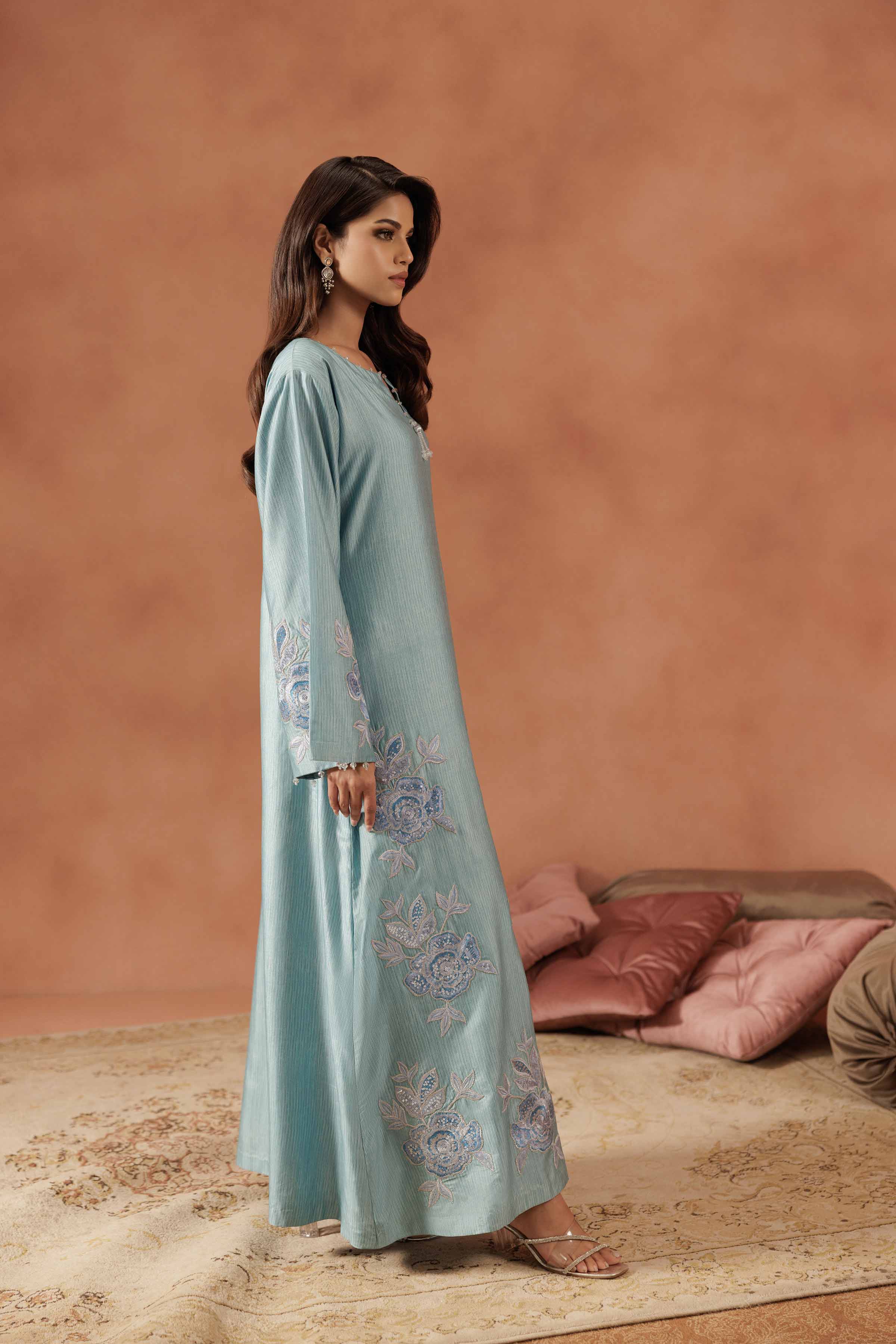NISHATUAE - Blue Embroidered Silk Ready to wear Jalabiya
