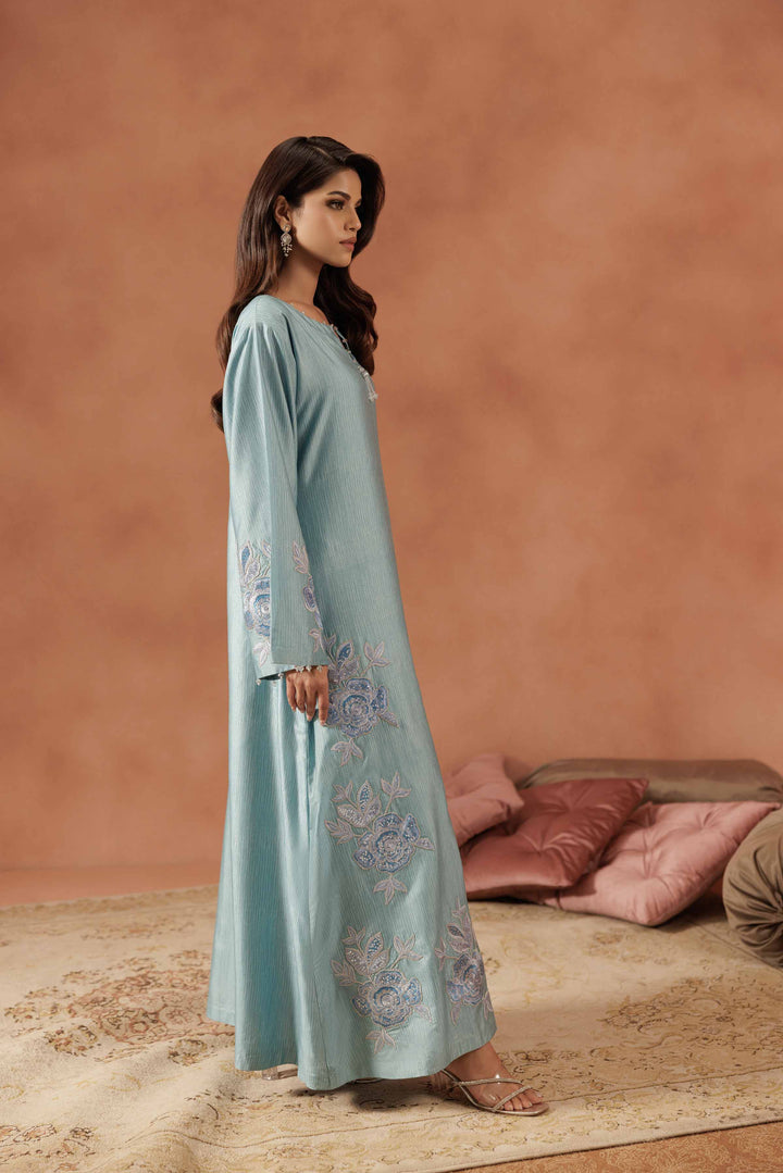 NISHATUAE - Blue Embroidered Silk Ready to wear Jalabiya