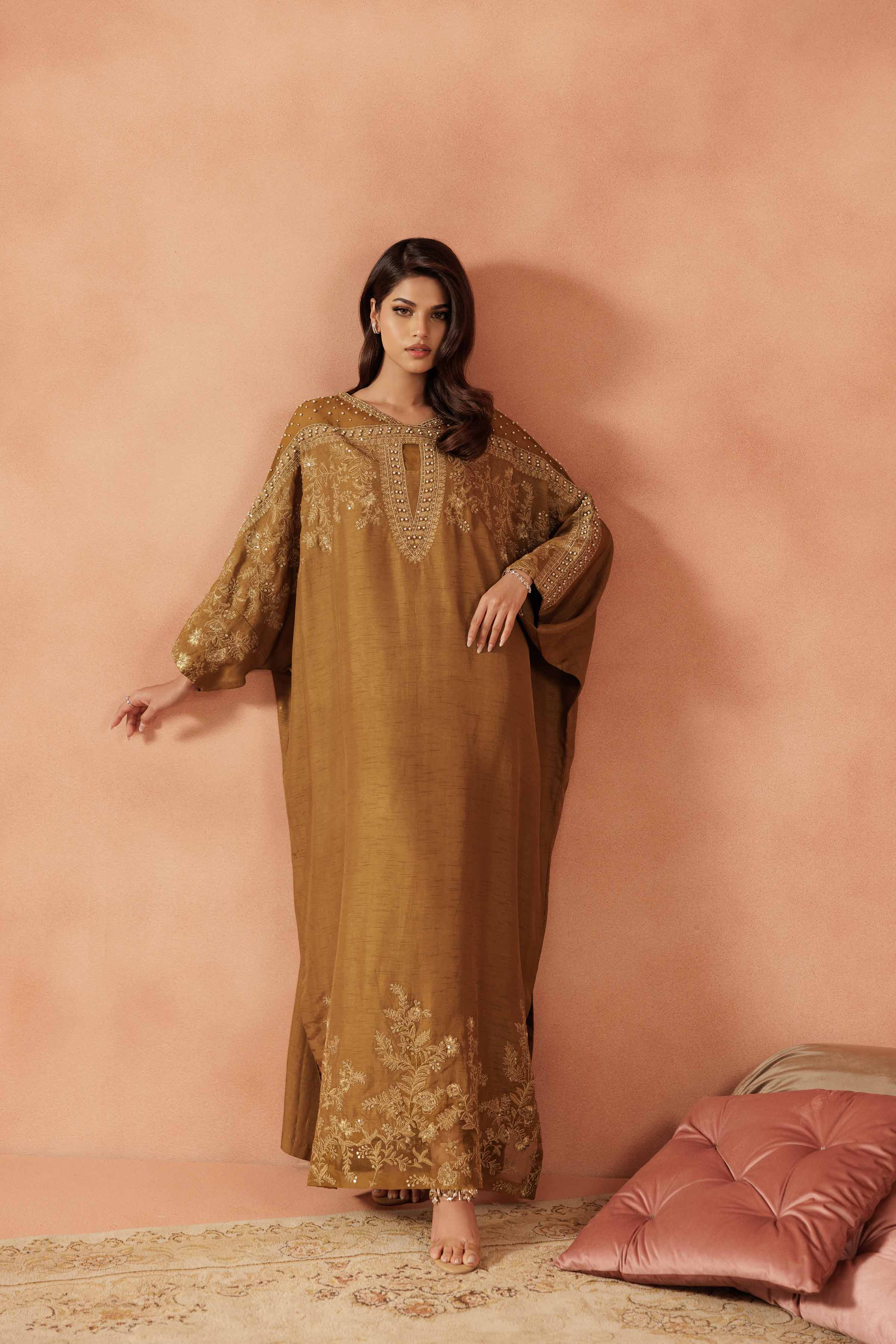 NISHATUAE - Yellow Embroidered Silk Ready to wear Jalabiya