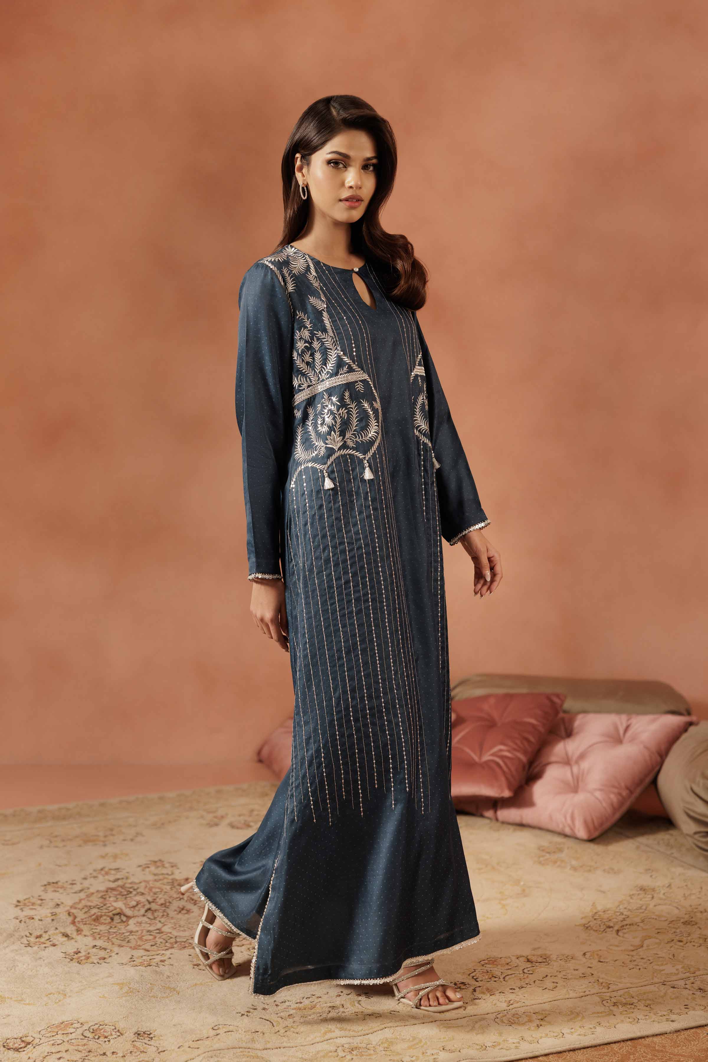NISHATUAE - Blue Embroidered Tissue Ready to wear Shirt