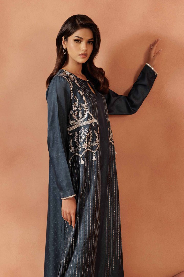 NISHATUAE - Blue Embroidered Tissue Ready to wear Shirt
