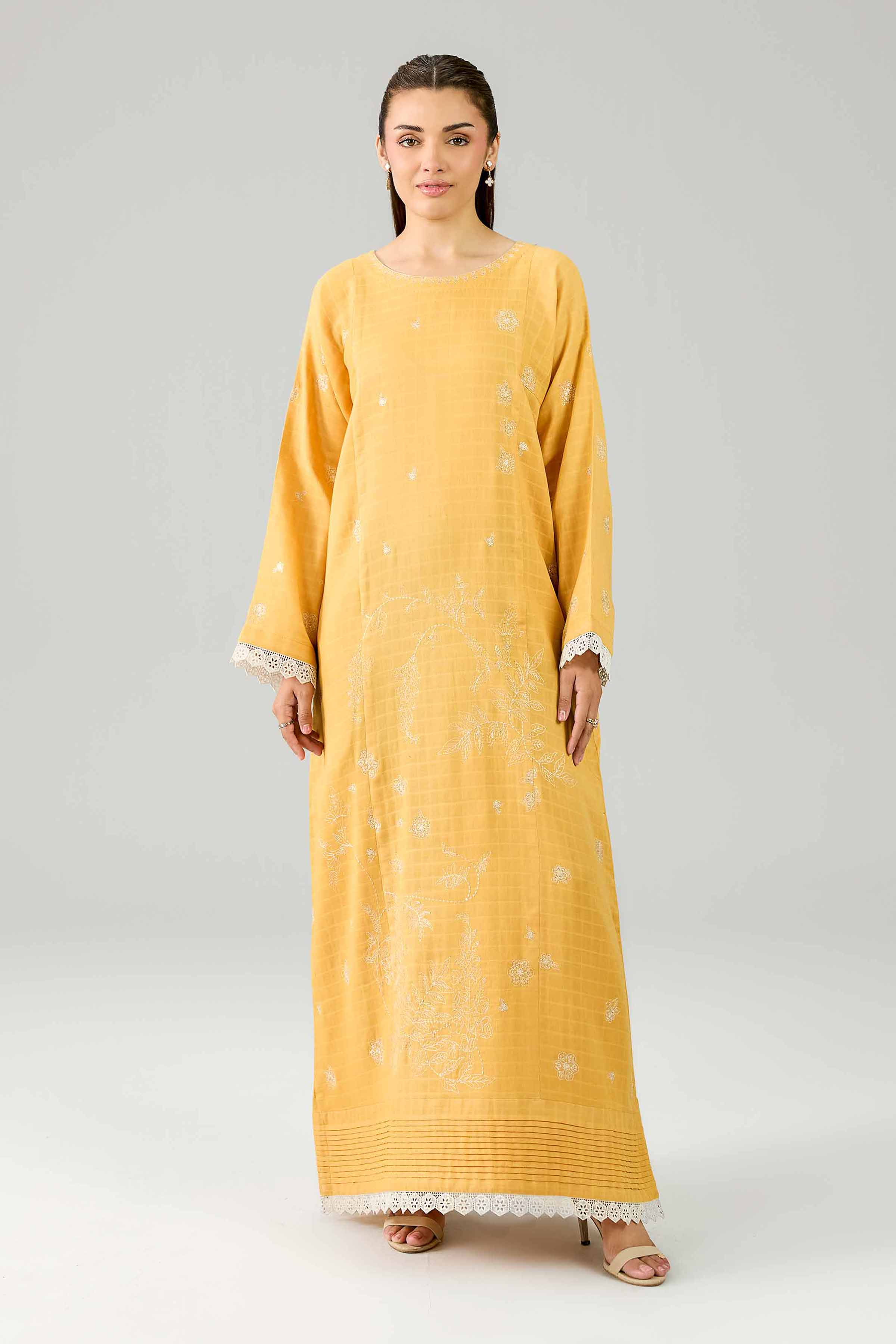 Embroidered Dress - FE26-102 Yellow Dobby 1PC Embroidered