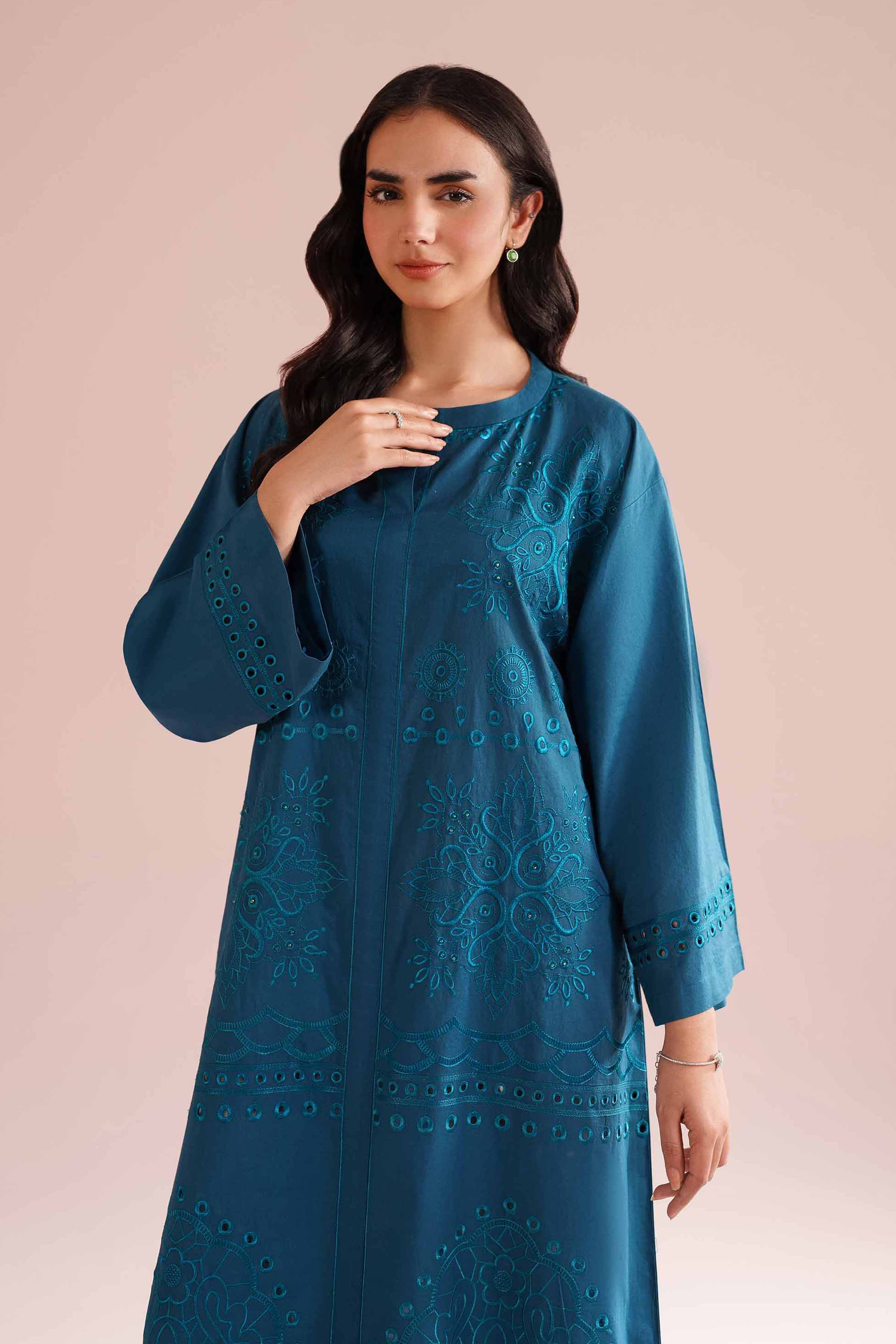 Embroidered Dress - FE26-34 Blue Cambric 1PC Embroidered