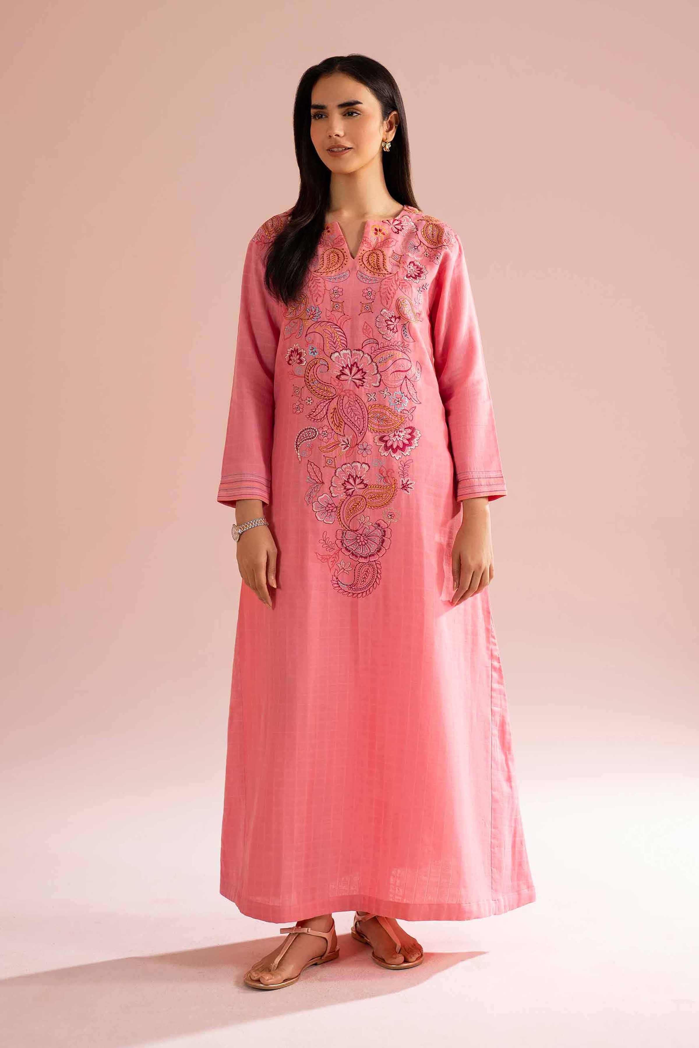 Embroidered Dress - FE26-39 Pink Dobby 1PC Embroidered
