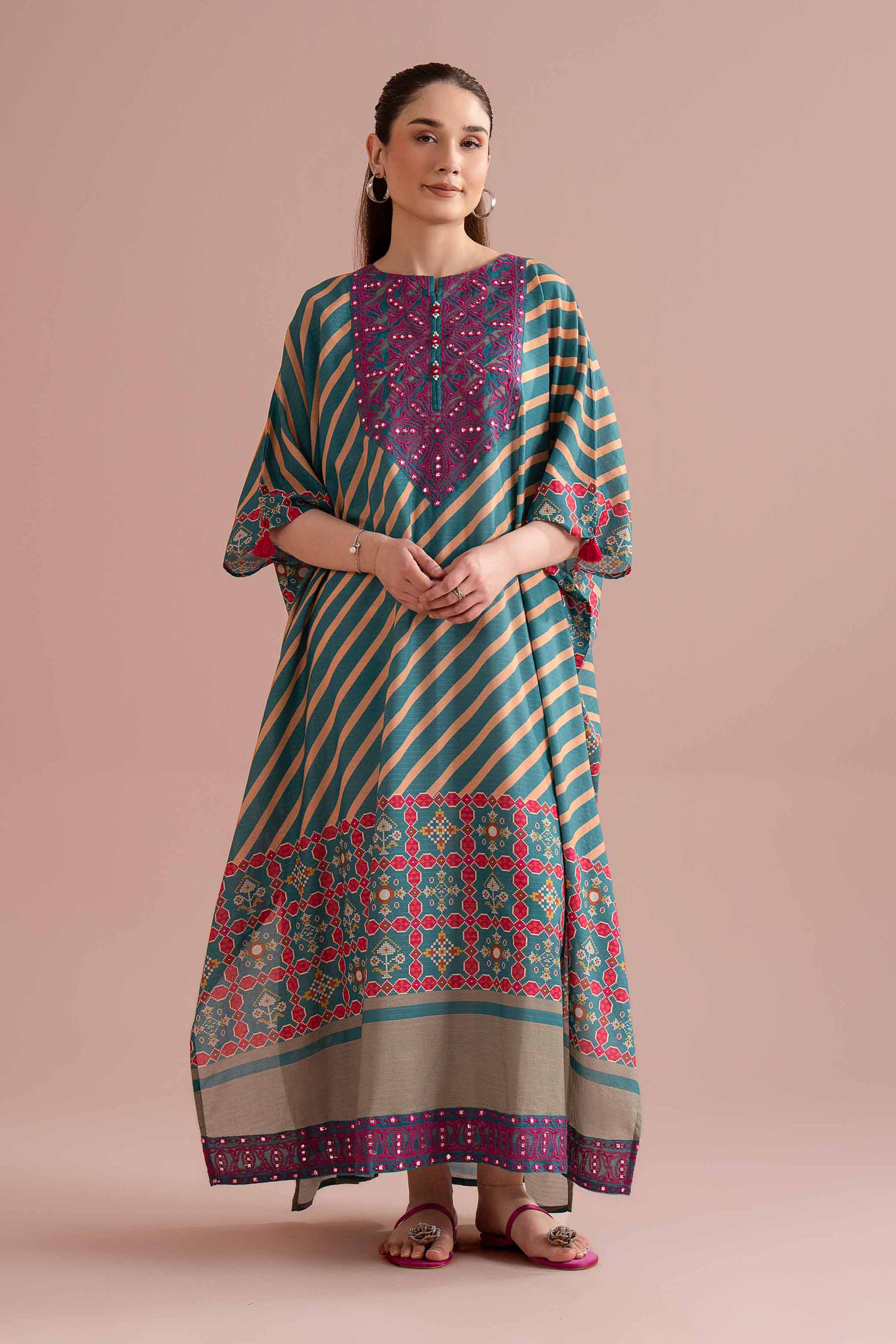 Printed Embroidered Kaftan - FE26-51 Blue Lawn 1PC Embroidered