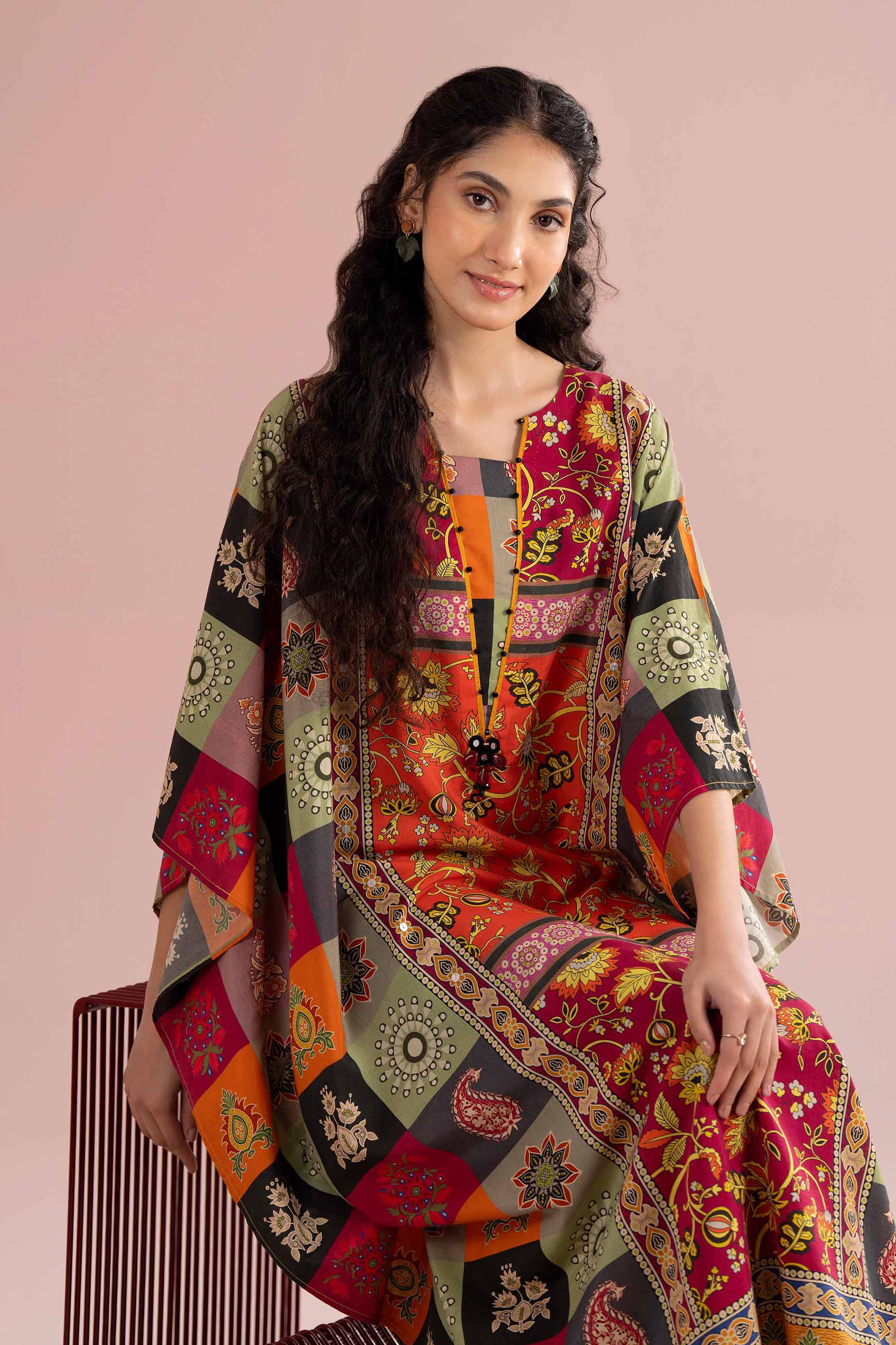Printed Embroidered Kaftan - FE26-65 Multi Silk 1PC Embroidered READY TO WEAR