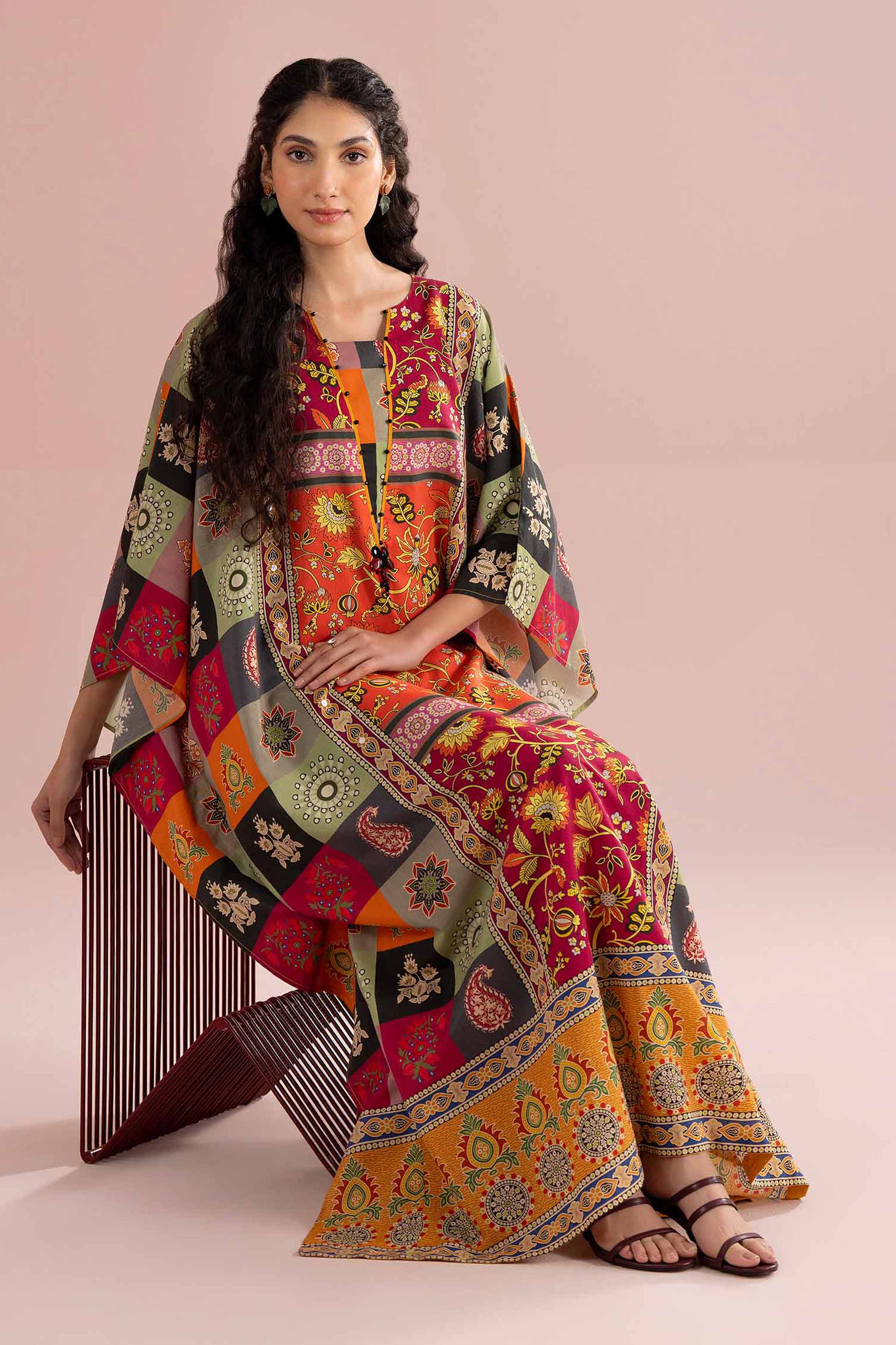 Printed Embroidered Kaftan - FE26-65 Multi Silk 1PC Embroidered READY TO WEAR