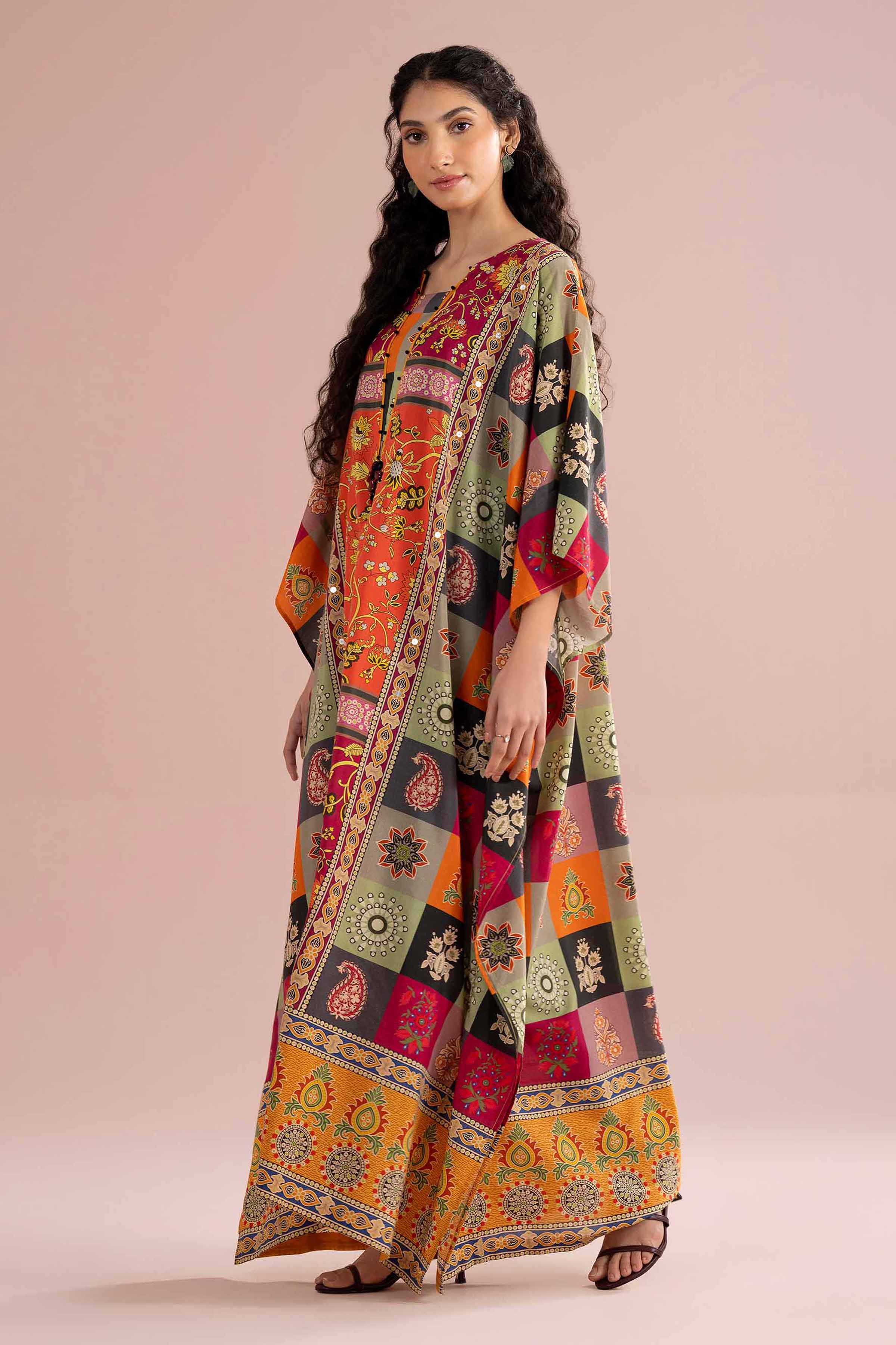 Printed Embroidered Kaftan - FE26-65 Multi Silk 1PC Embroidered READY TO WEAR