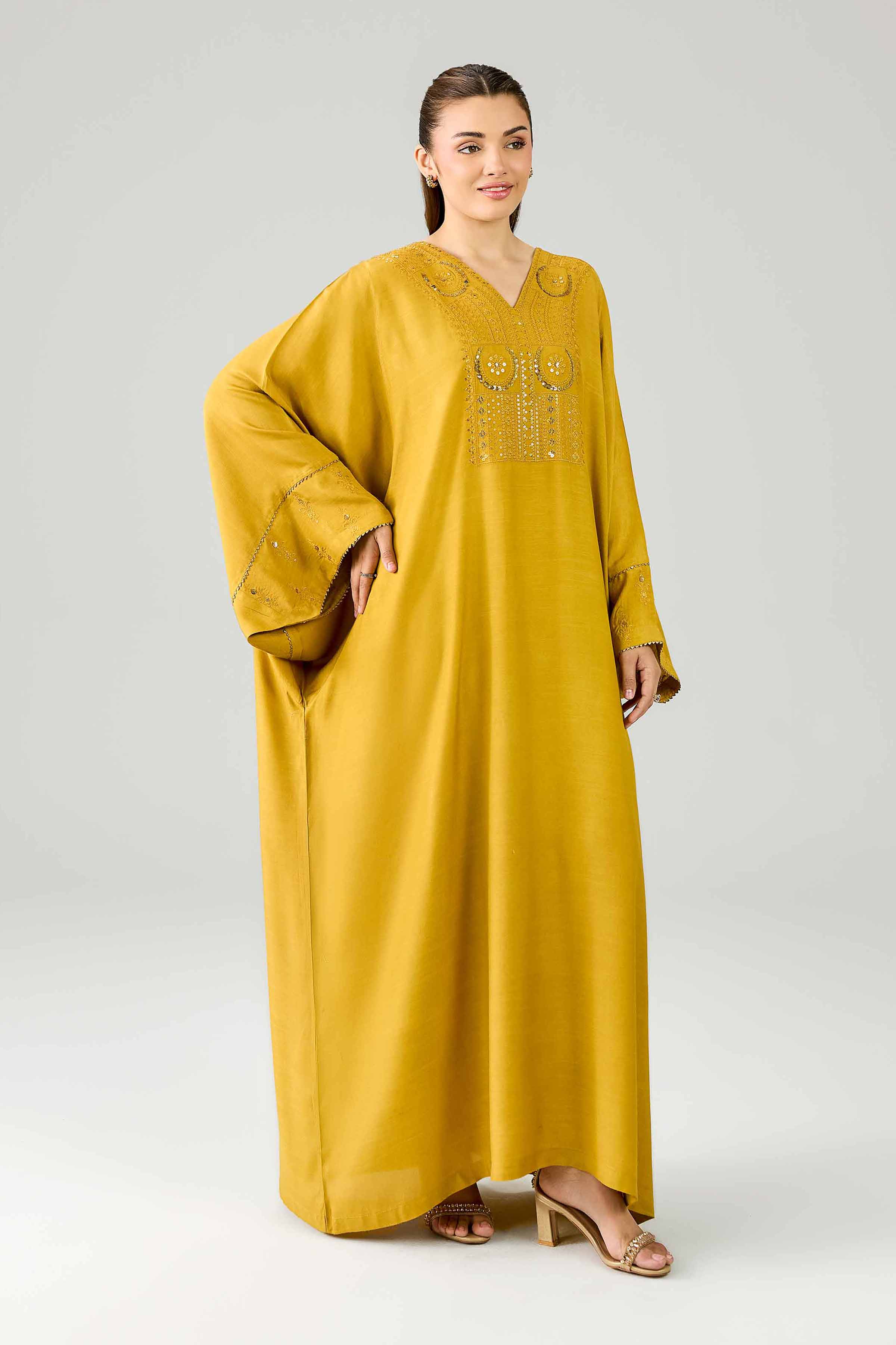 Embroidered Dress - FE26-83 Yellow Silk 1PC Embroidered