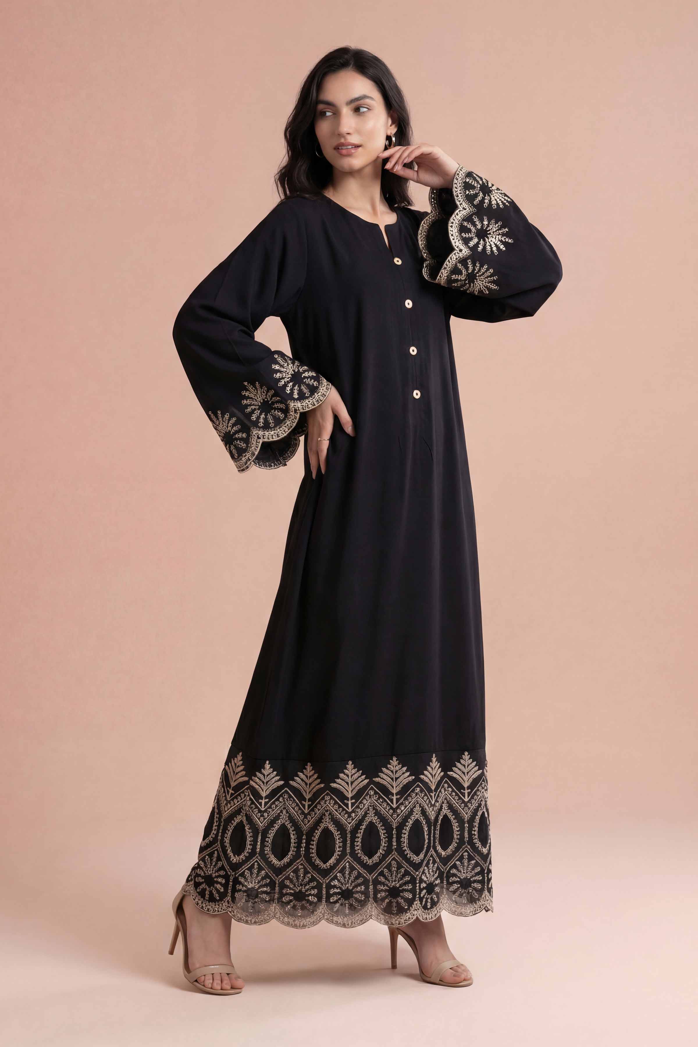 Embroidered Dress - FE26-84 Black Crepe 1PC Embroidered