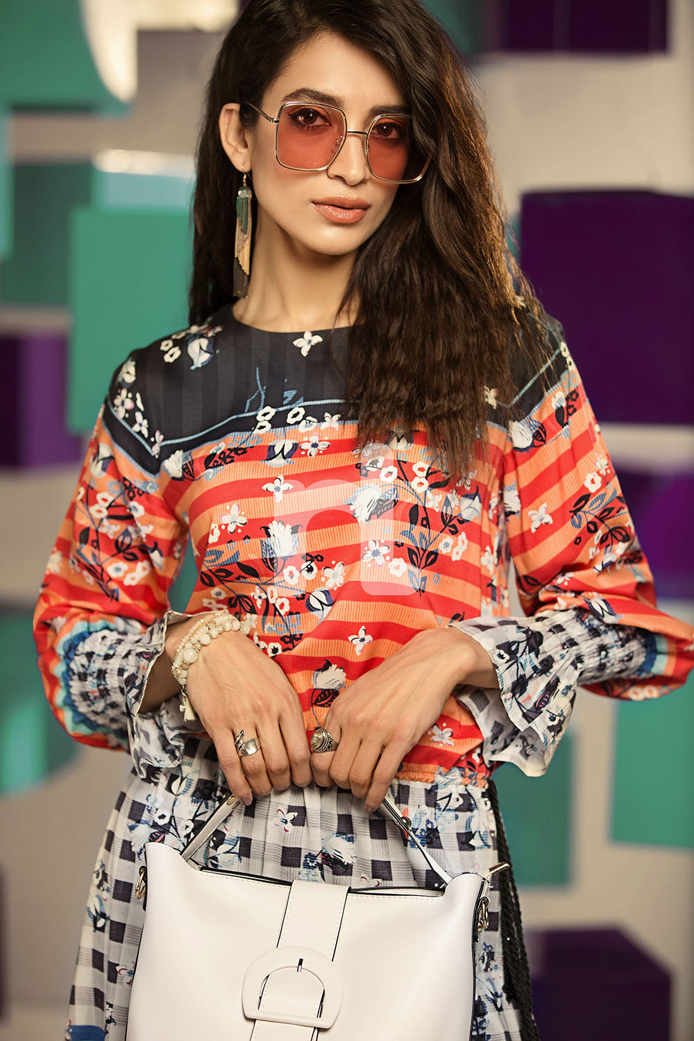 Nishat Linen UAE - FS19-25 Orange Digital Printed Stitched Micro Modal Fusion Dress - 1PC