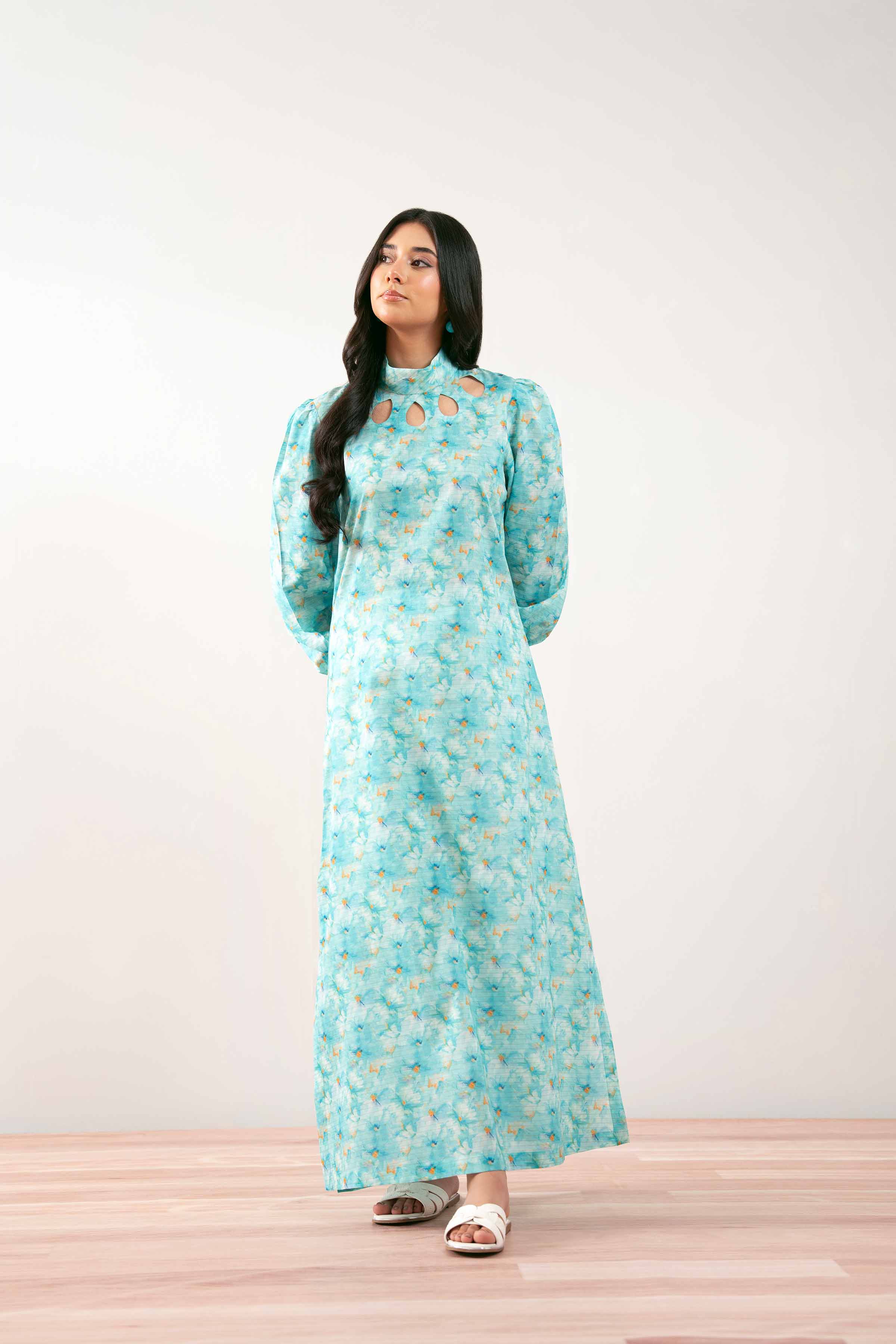 NISHATUAE - Blue Printed Lawn Ready to wear Jalabiya