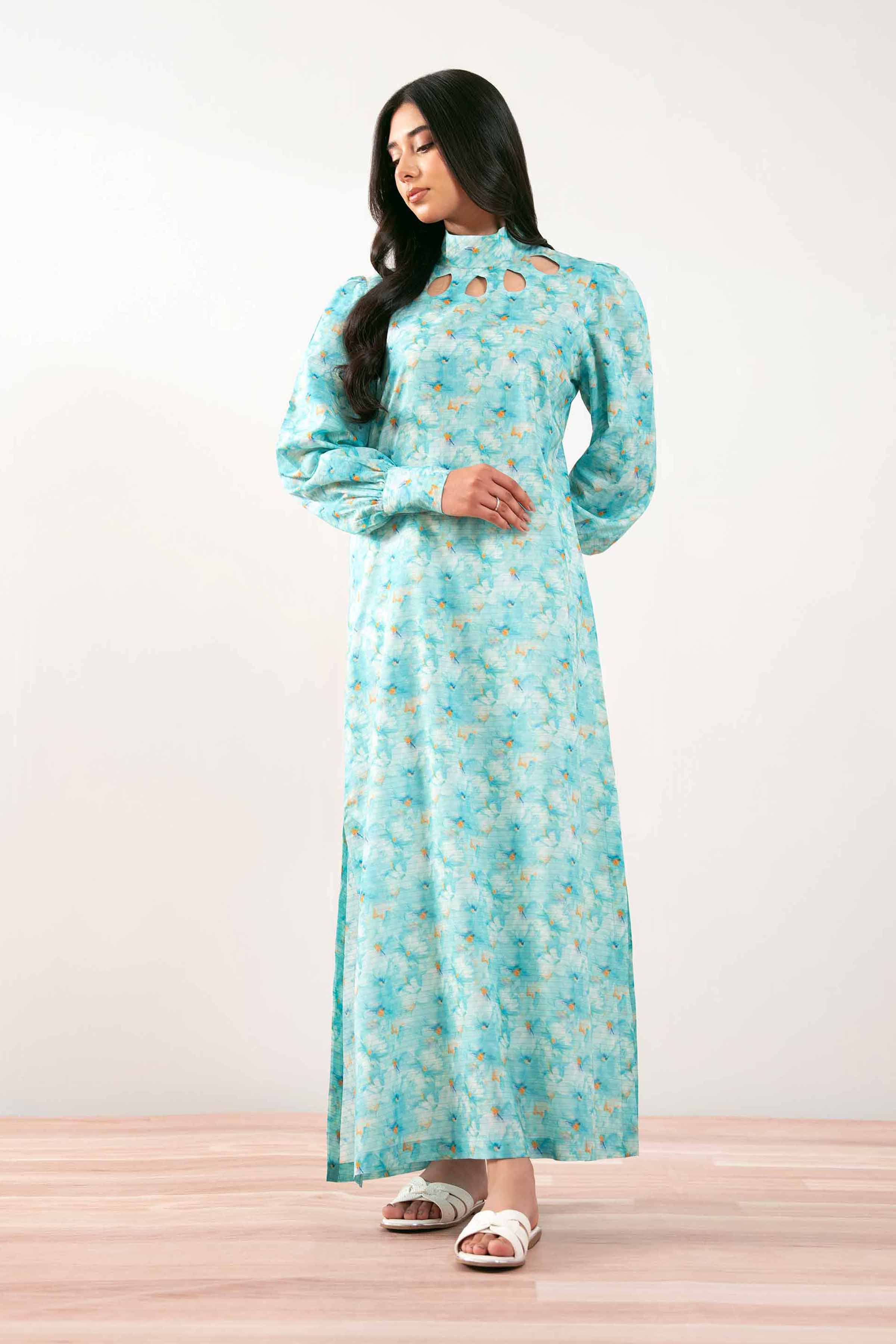 NISHATUAE - Blue Printed Lawn Ready to wear Jalabiya