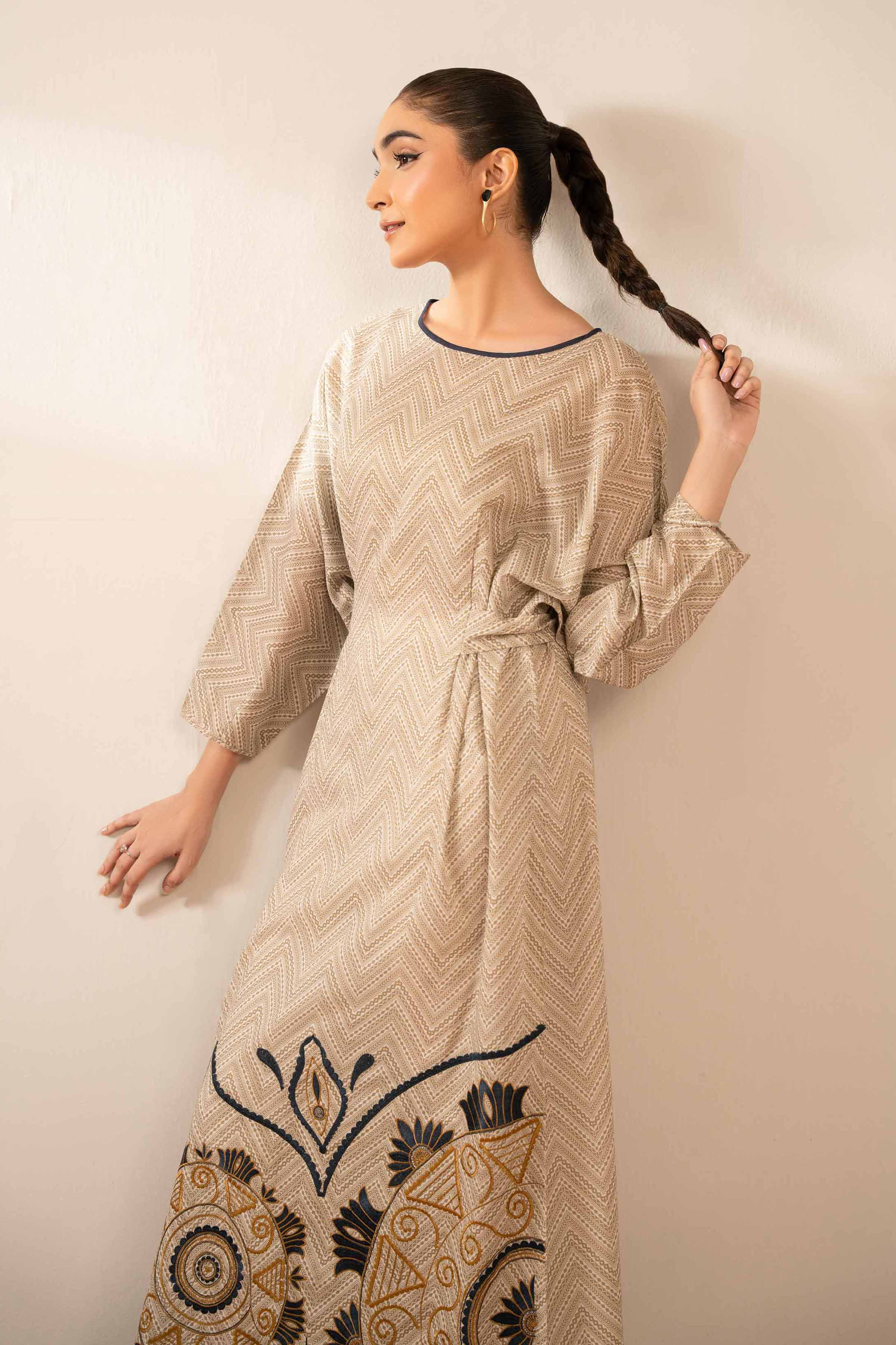 NISHATUAE - Beige Embroidered Lawn Ready to wear Jalabiya