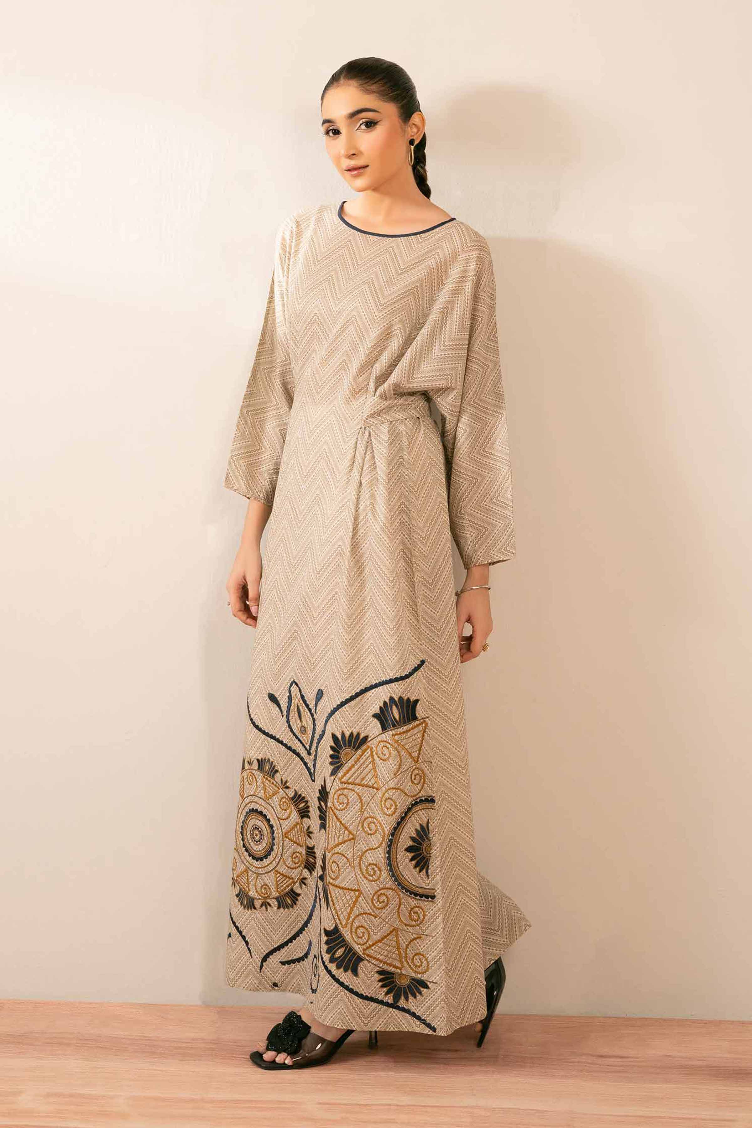 NISHATUAE - Beige Embroidered Lawn Ready to wear Jalabiya
